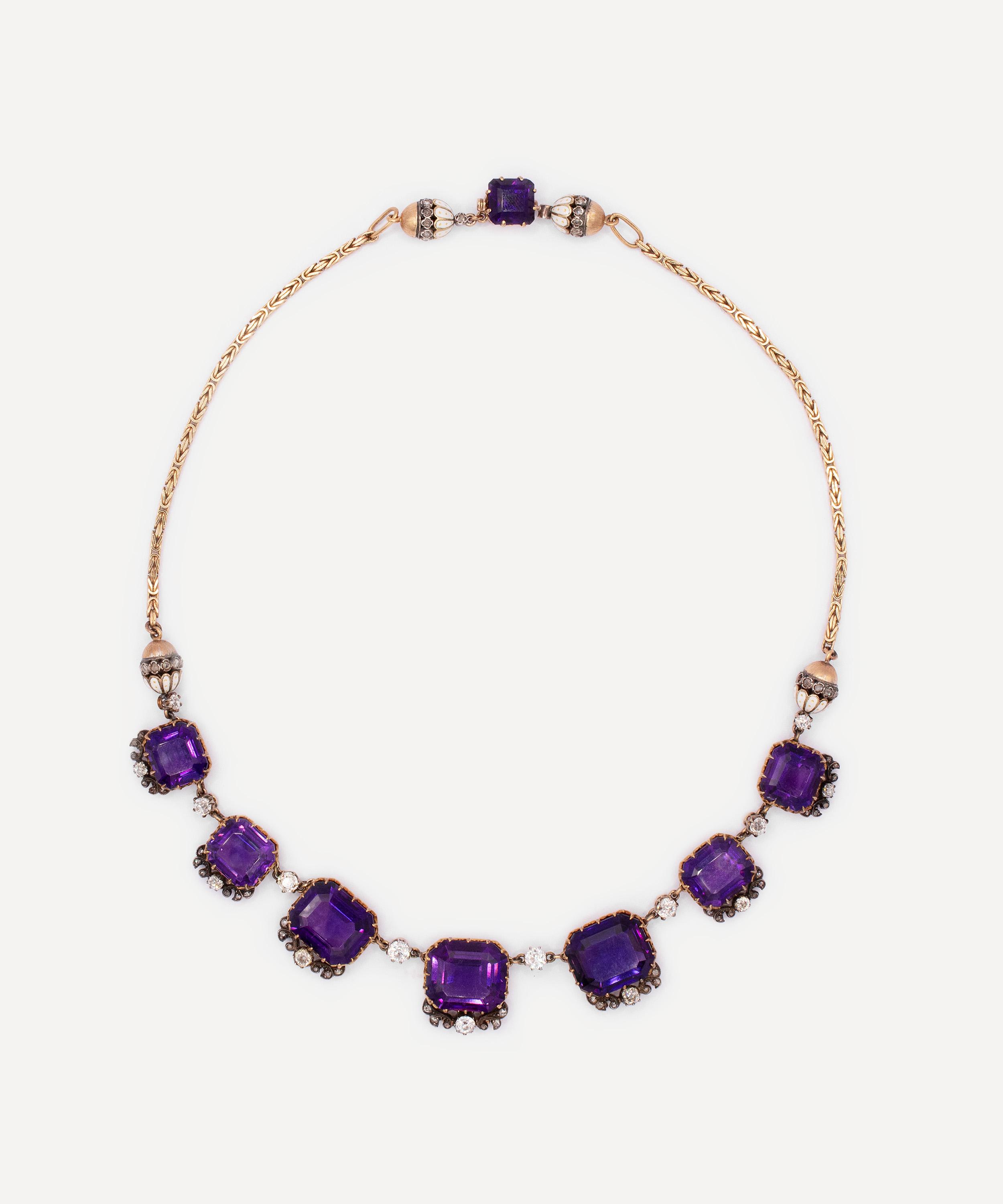 Kojis - 14ct Gold Georgian Amethyst Diamond and Enamel Necklace image number 1