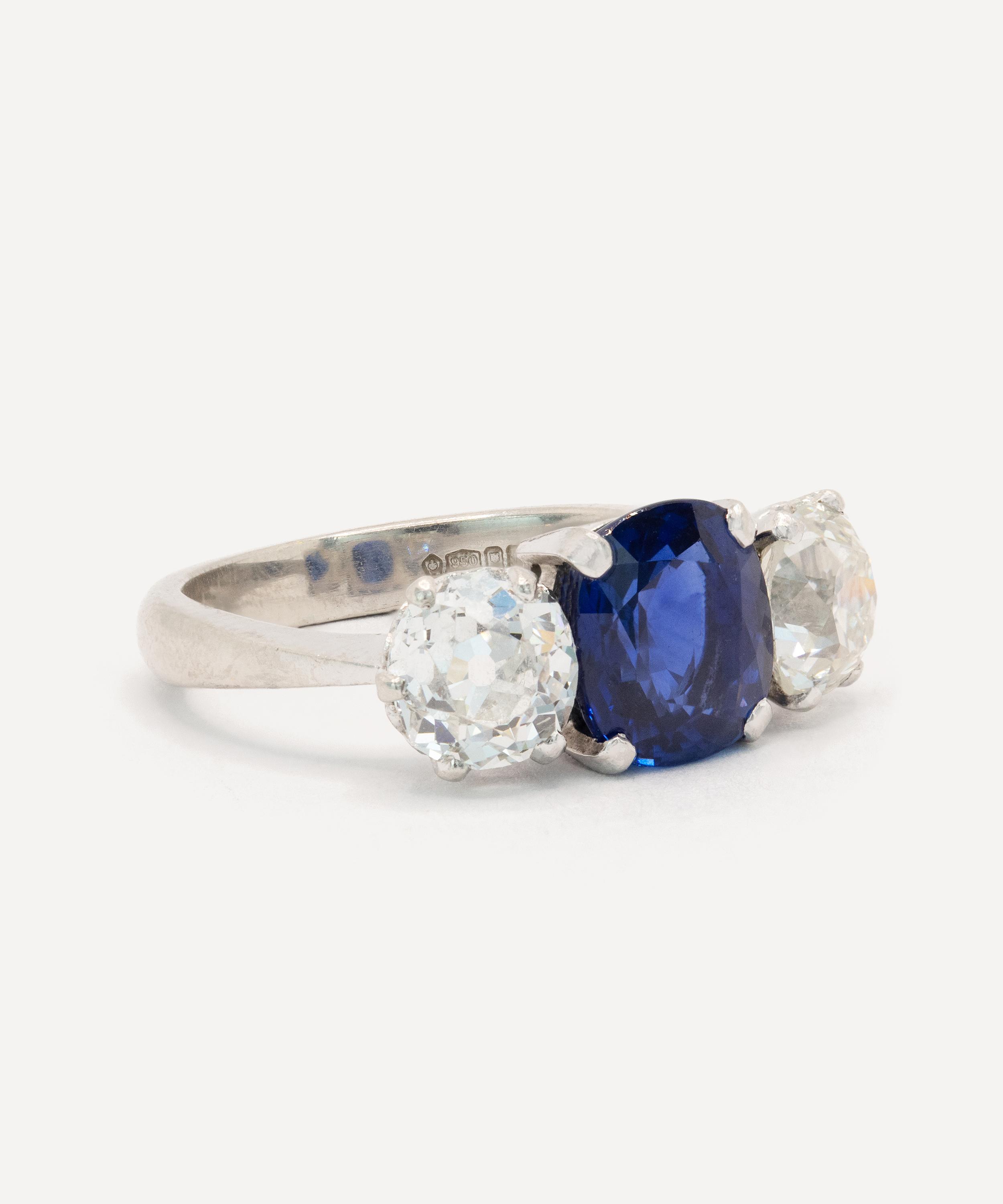 Kojis - Platinum Vintage Ceylon Sapphire and Diamond Trilogy Ring image number 1