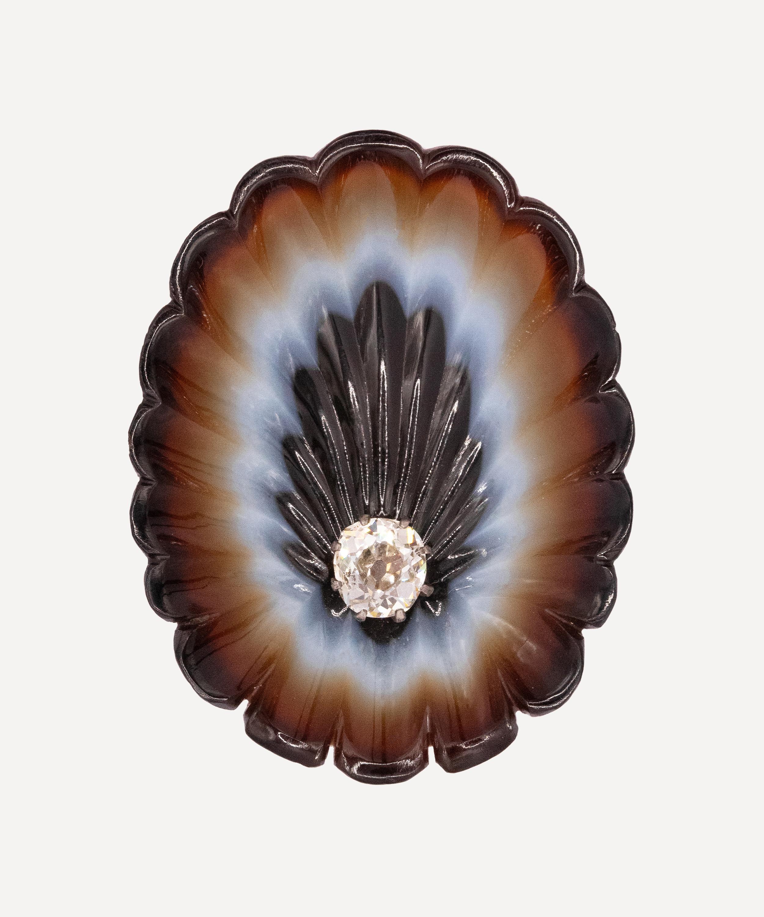 Kojis - 9ct Gold Antique Carved Agate and Diamond Shell Brooch image number 0