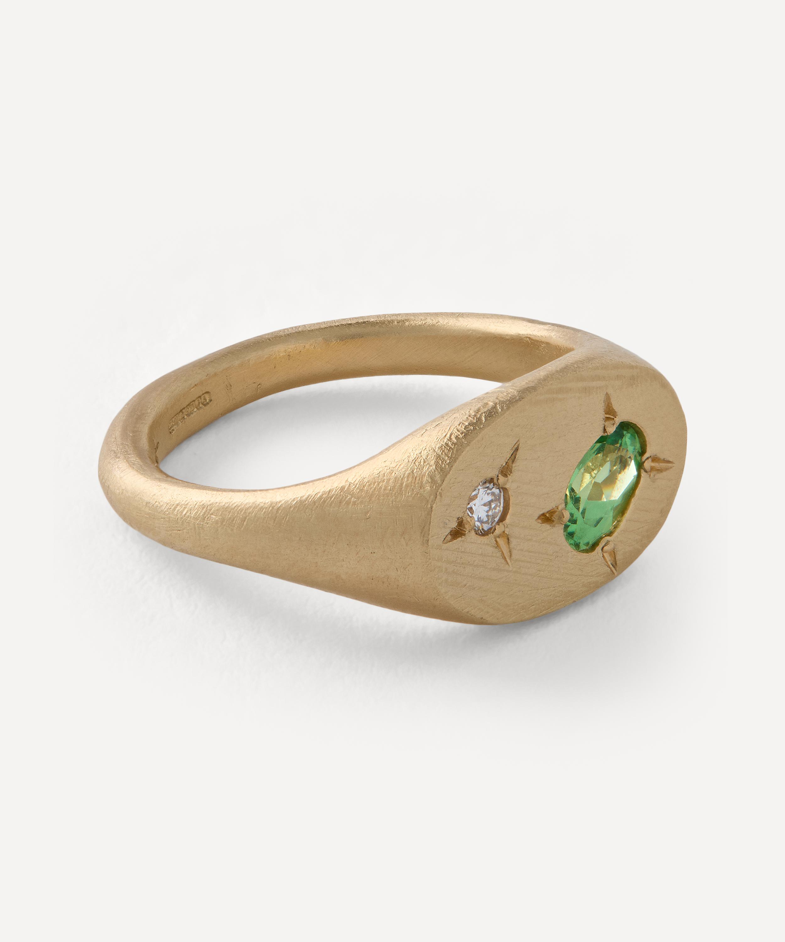 Seb Brown - 9ct Gold Ref Tsavorite Garnet Diamond Signet Ring image number 1
