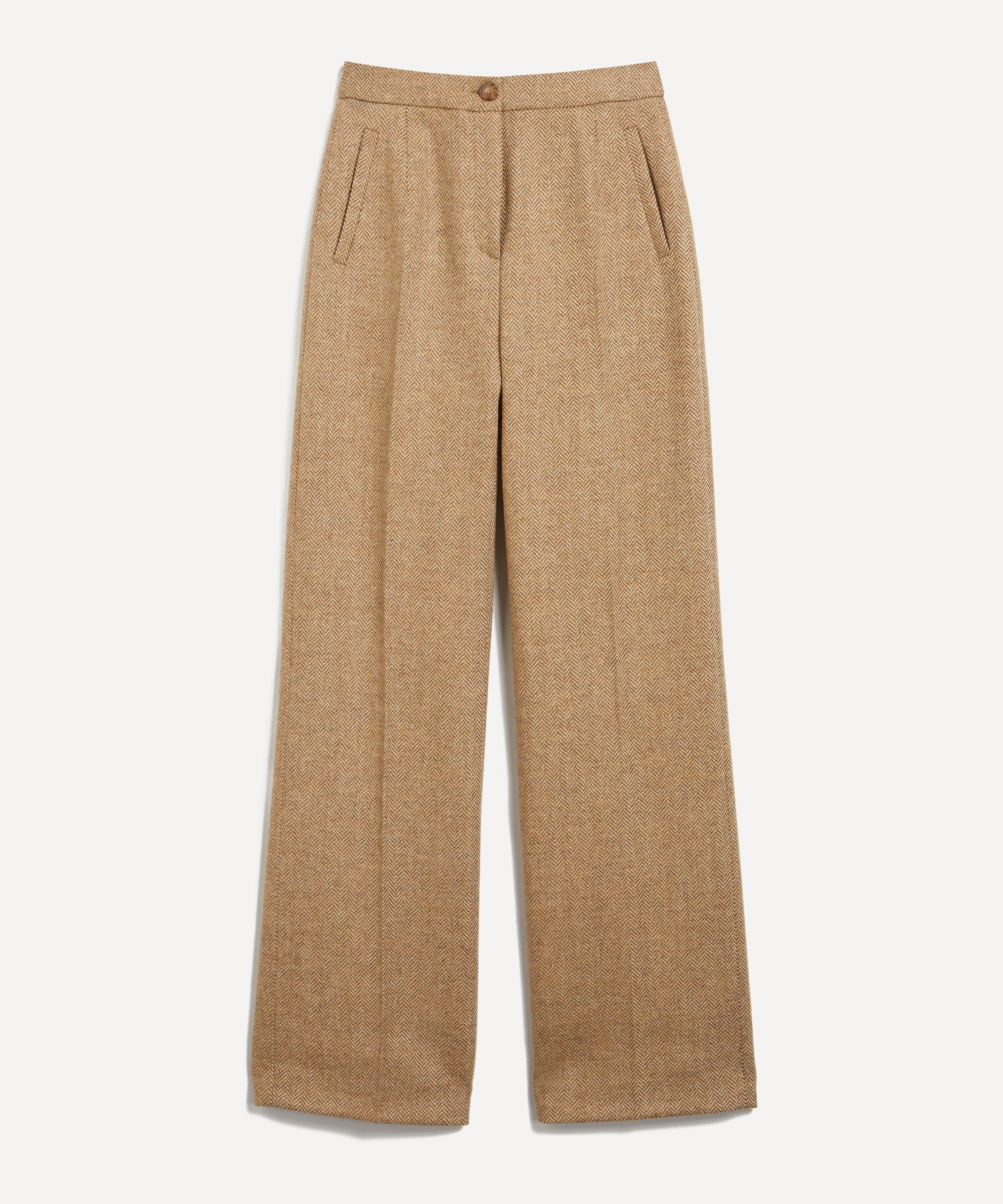 Sézane - Martin Camel Ecru Herringbone High-Waisted Wide Leg Trousers image number 0