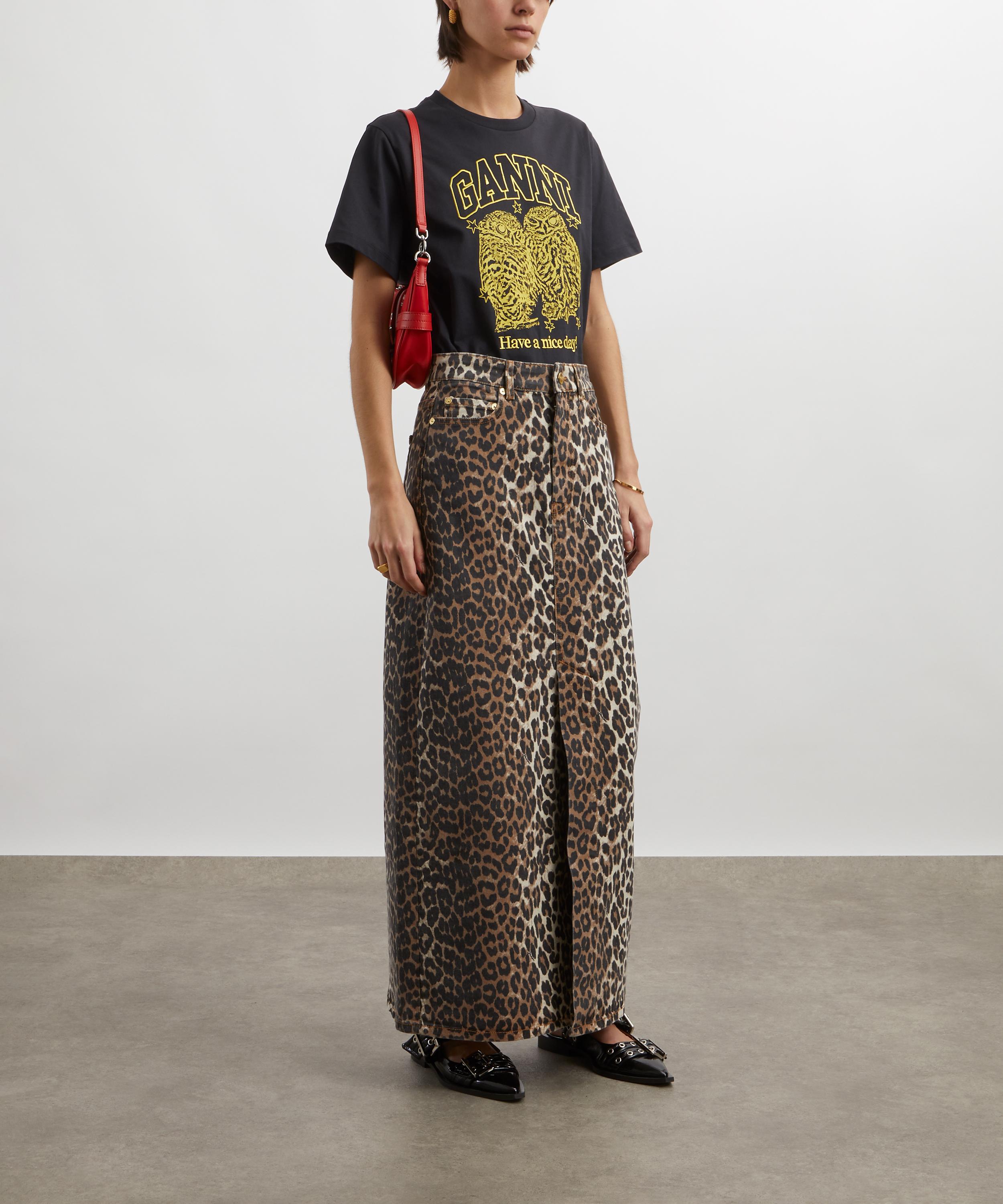 Ganni - Leopard Denim Maxi Slit Skirt image number 1