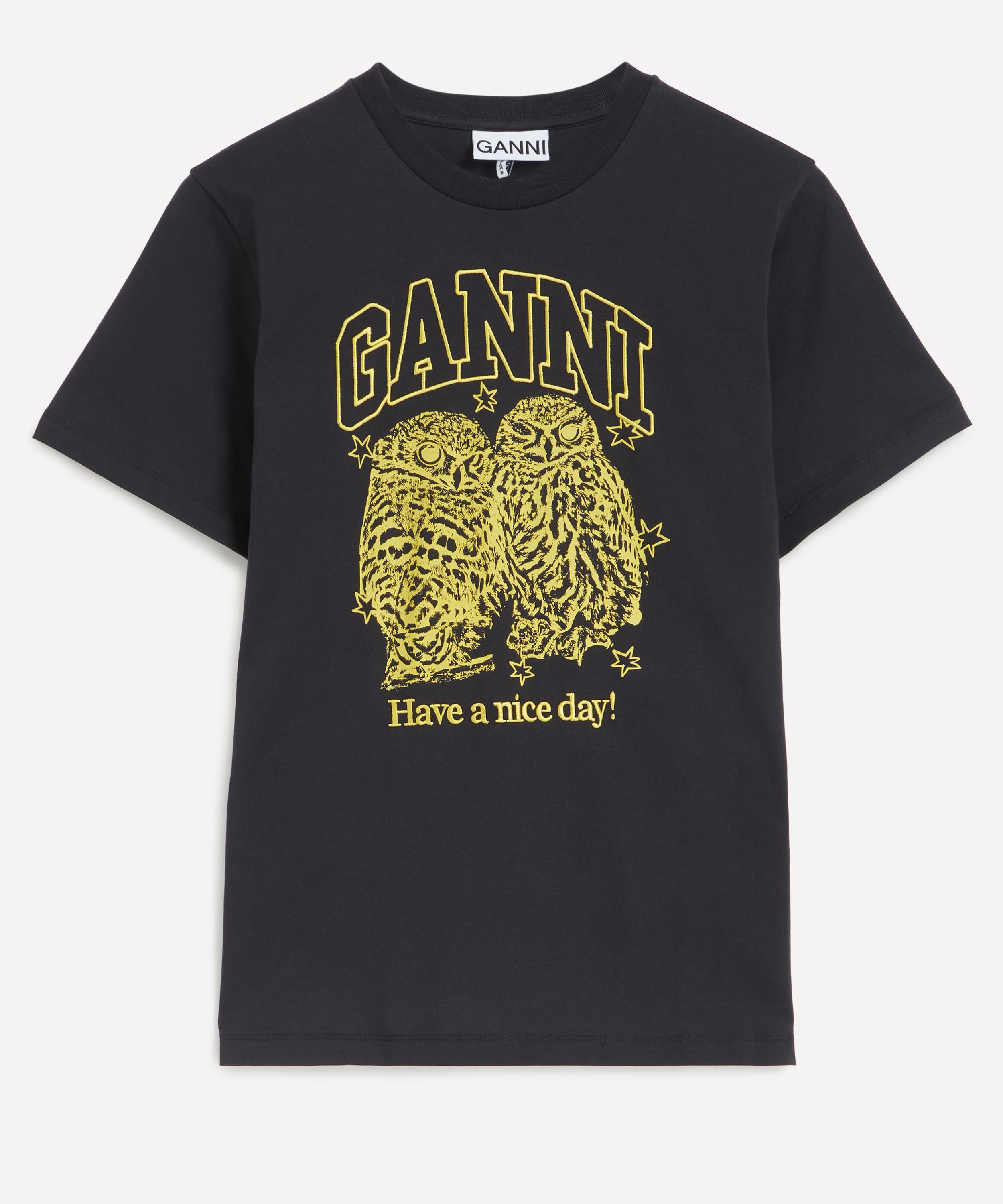Ganni - Black Basic Jersey Owls Relaxed T-Shirt image number 0