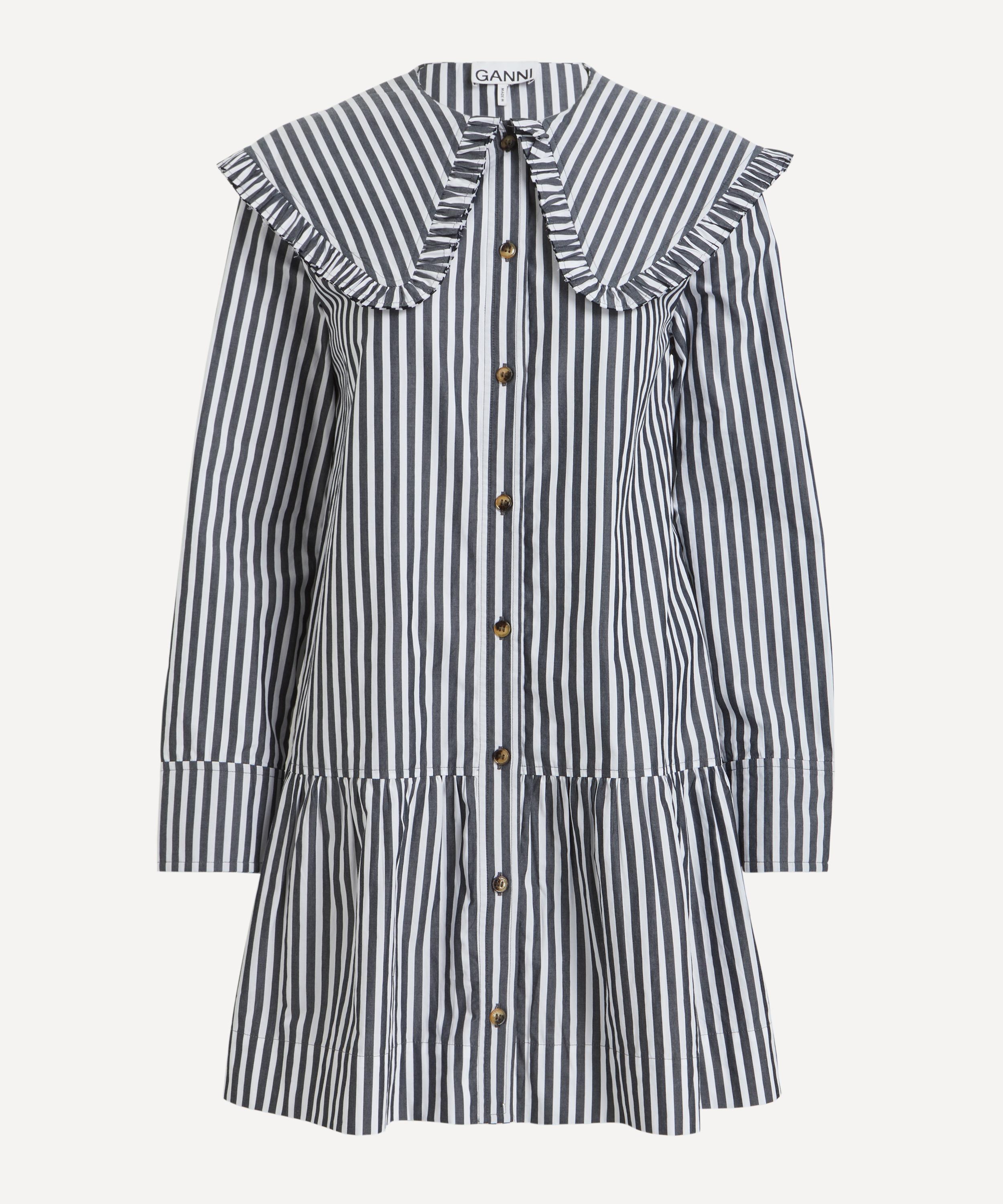 Ganni - Black and White Stripe Mini Shirt Dress