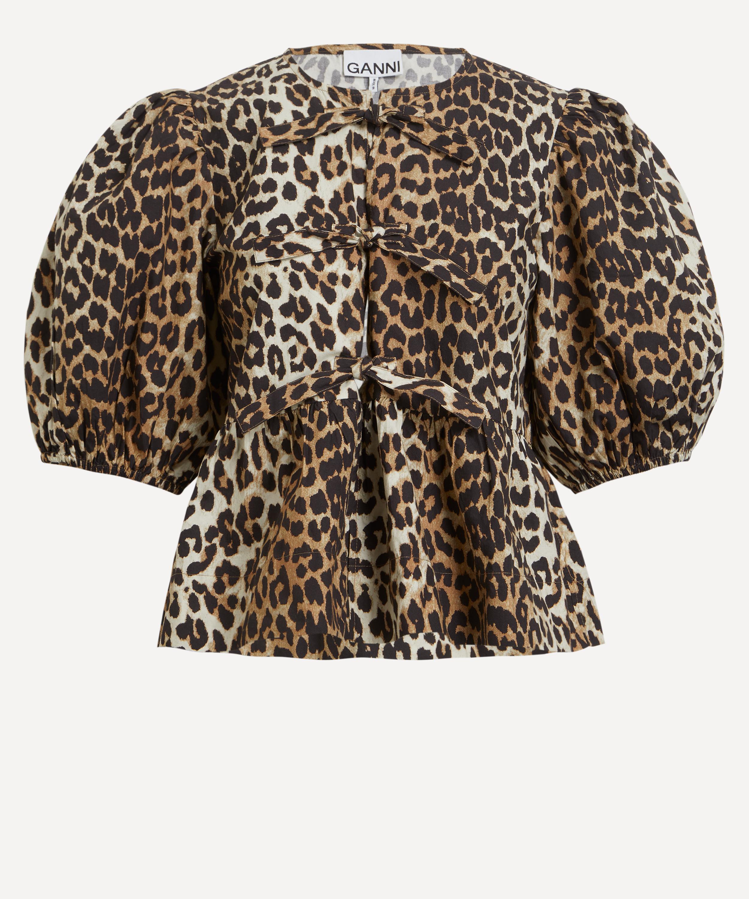 Ganni - Leopard Cotton Poplin Peplum Tie Blouse image number 0