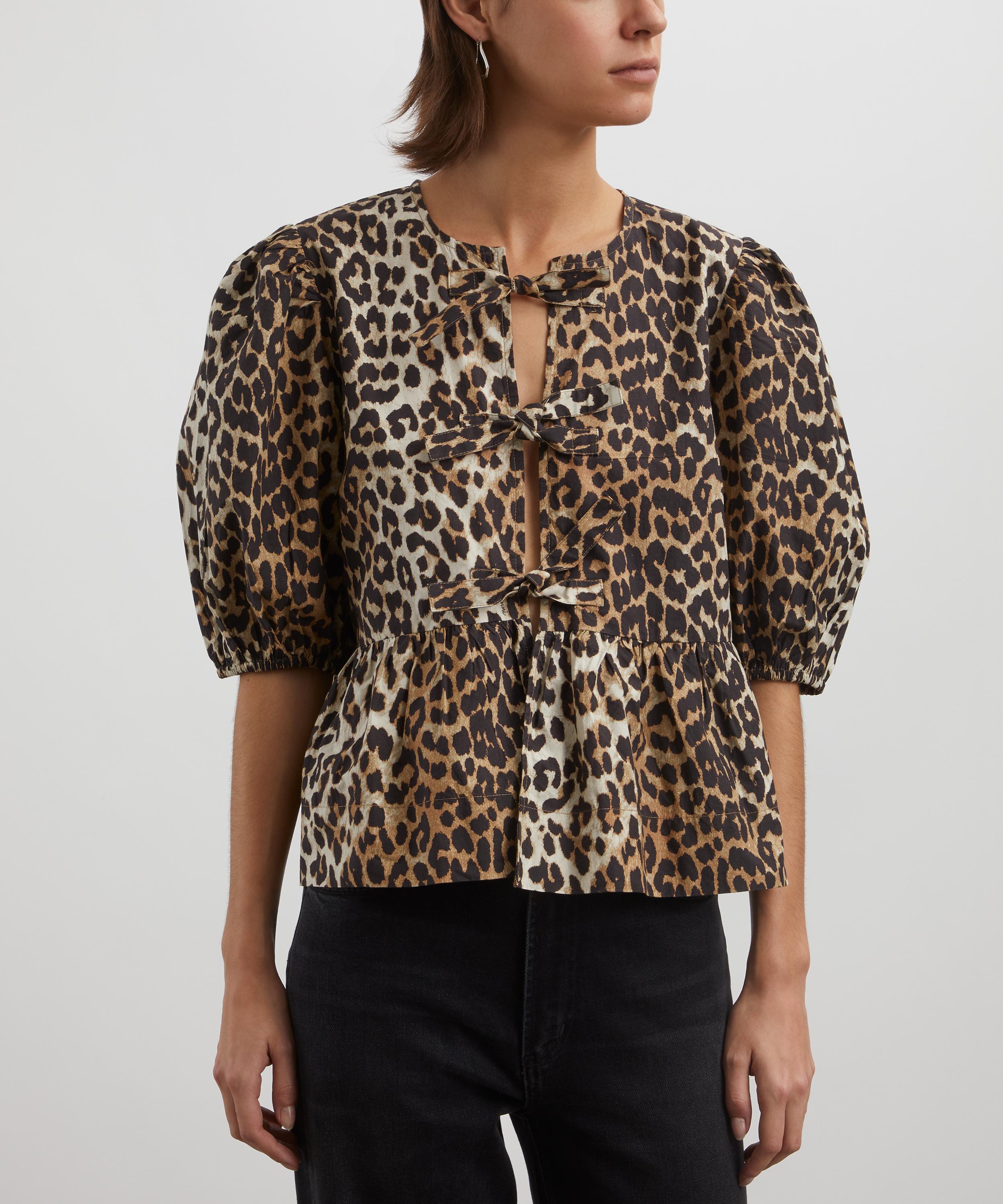 Ganni - Leopard Cotton Poplin Peplum Tie Blouse image number 2