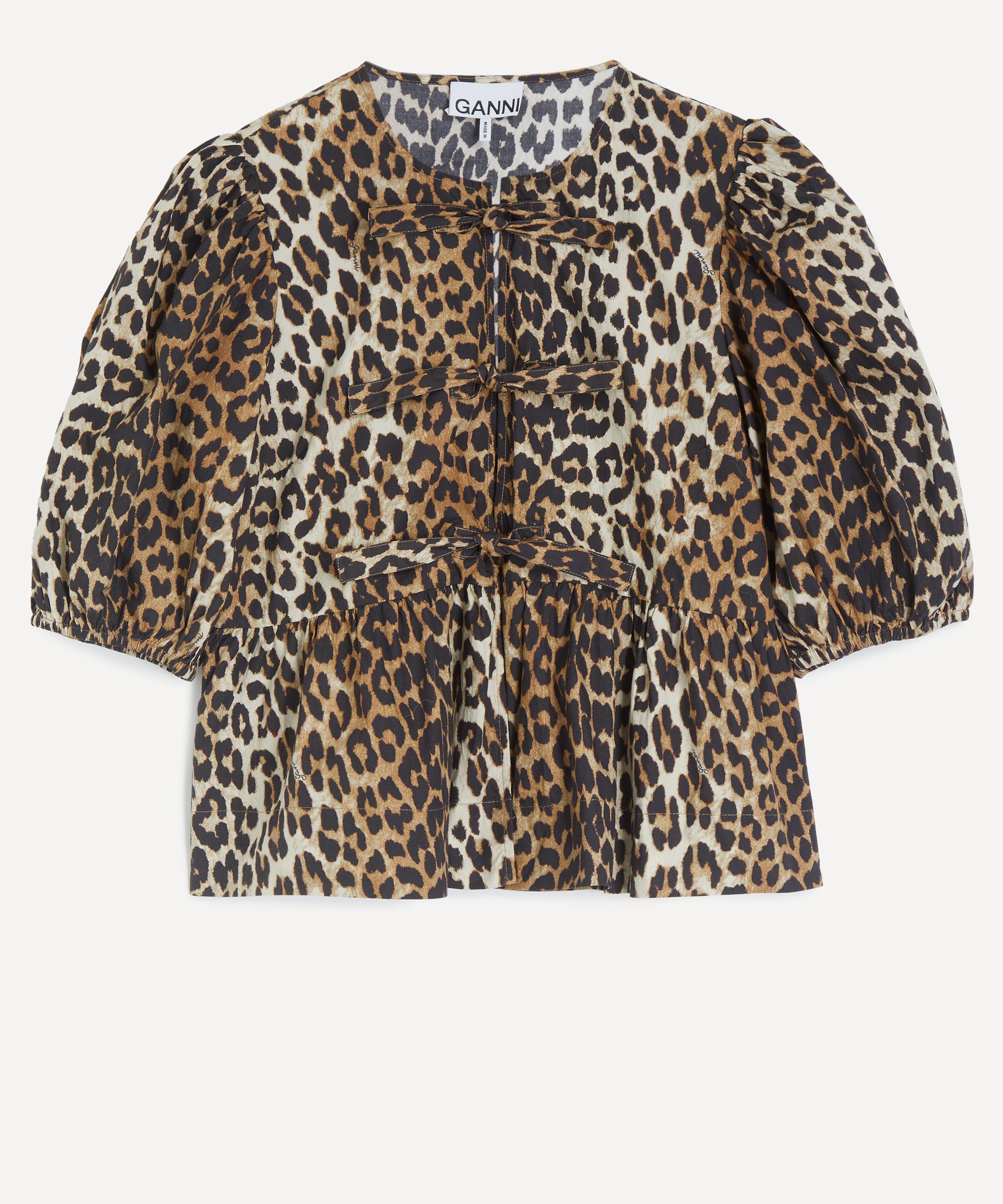 Ganni - Leopard Cotton Poplin Peplum Tie Blouse image number 0