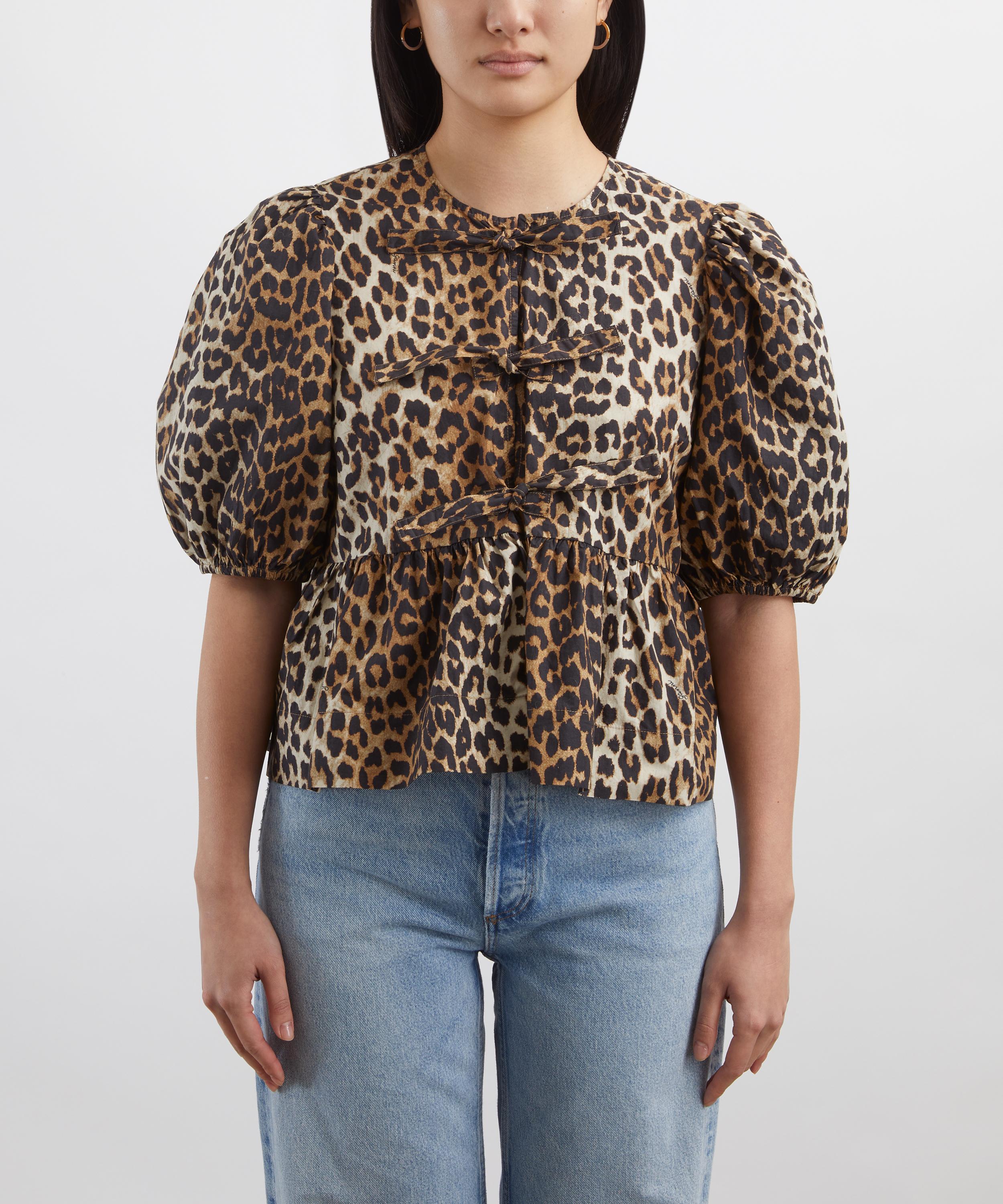 Ganni - Leopard Cotton Poplin Peplum Tie Blouse image number 2