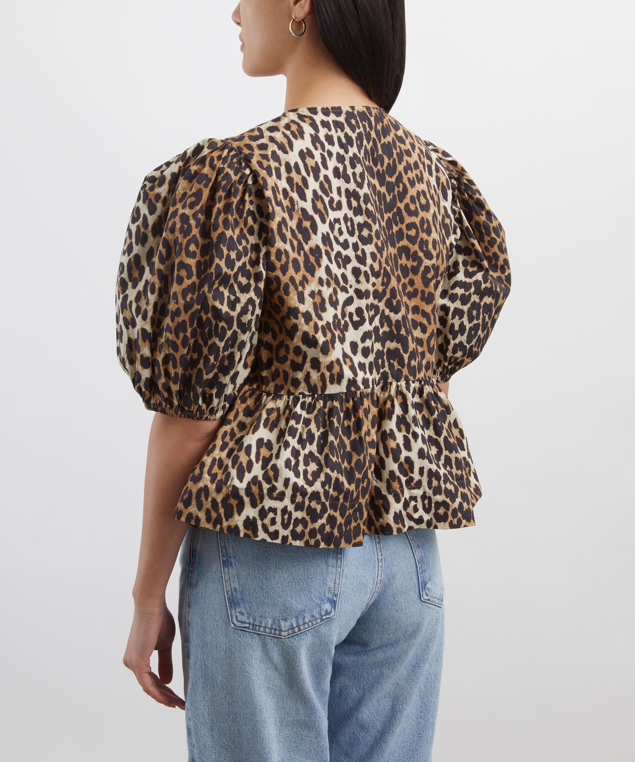 Ganni - Leopard Cotton Poplin Peplum Tie Blouse image number 3