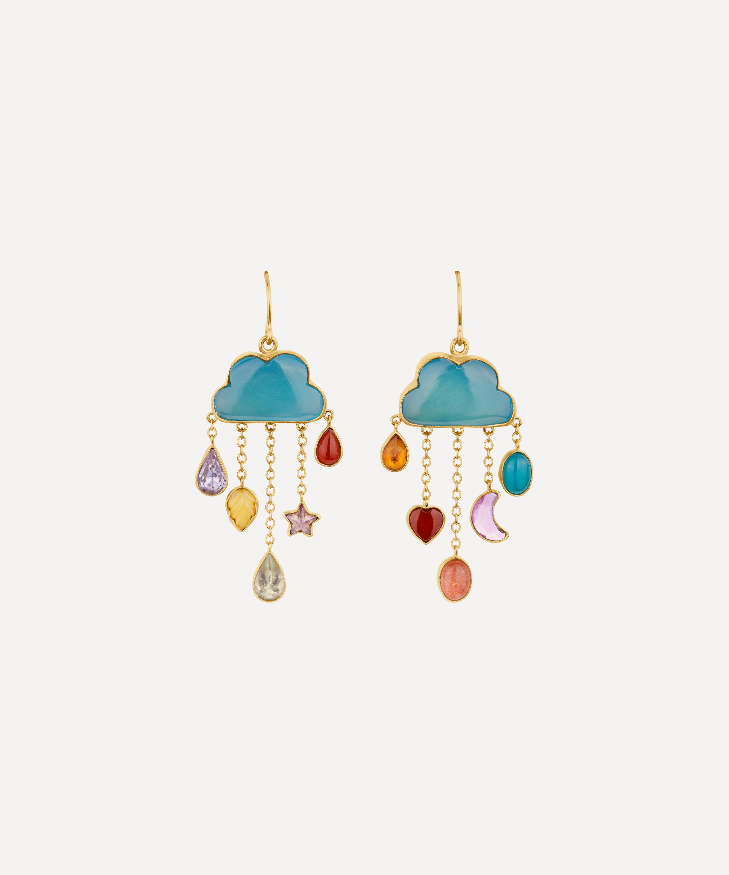 Grainne Morton - 18ct Gold-Plated Cloud and Rain Blue Chalcedony Chain Drop Earrings