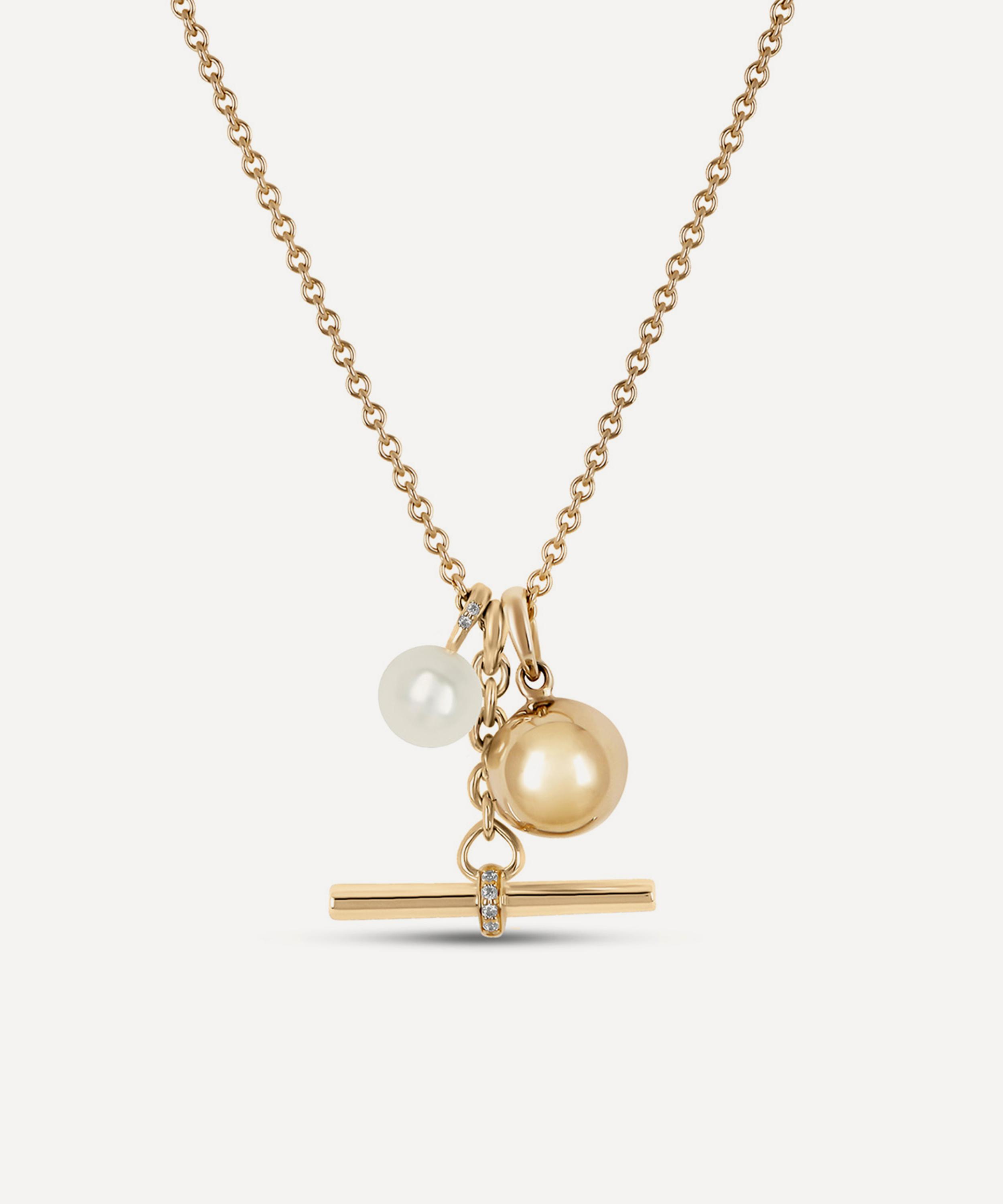 Dinny Hall - 9ct Gold My World T-Bar with Small Orb Locket and Pearl Charm Cluster Pendant