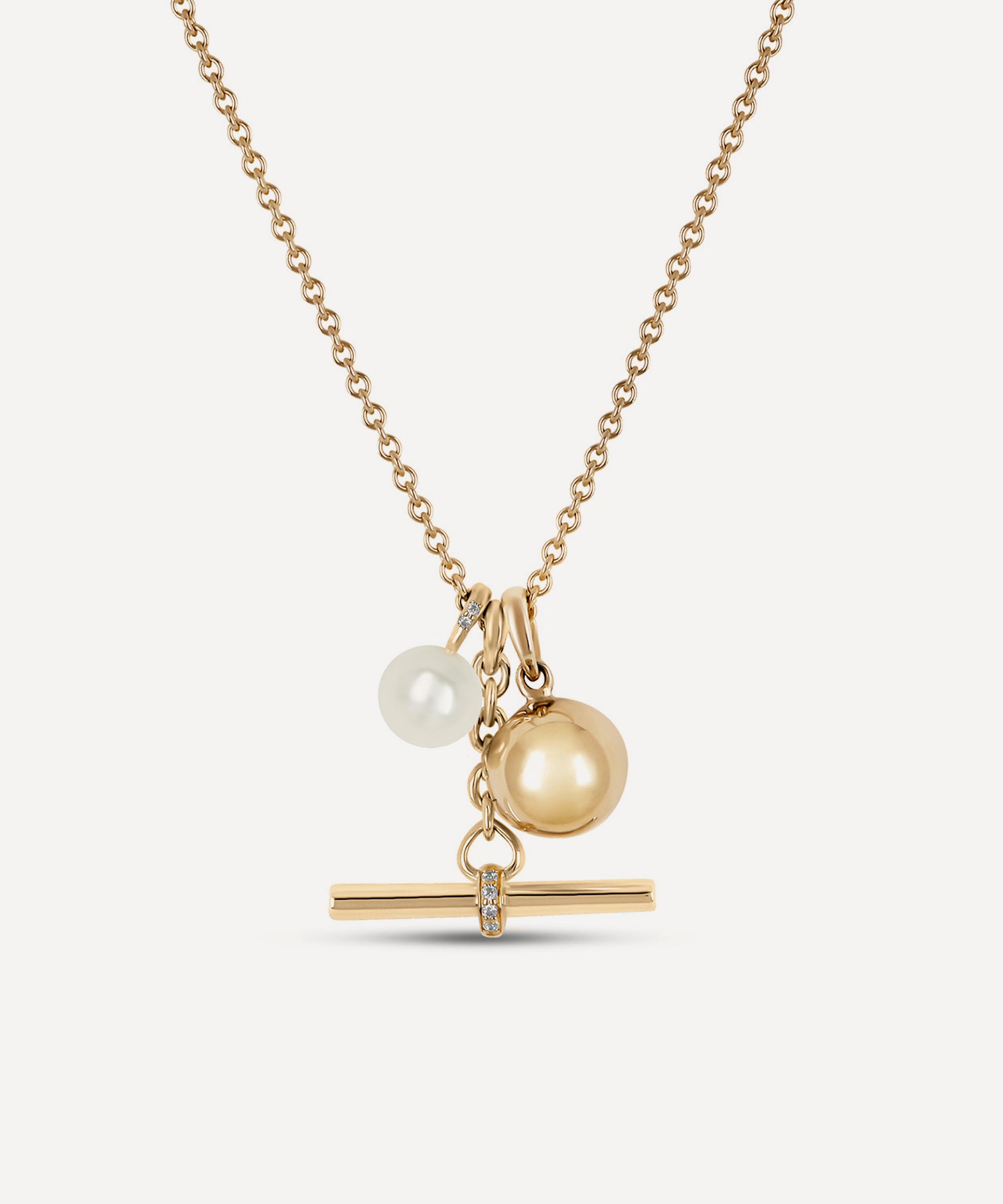 Dinny Hall - 9ct Gold My World T-Bar with Small Orb Locket and Pearl Charm Cluster Pendant image number 0