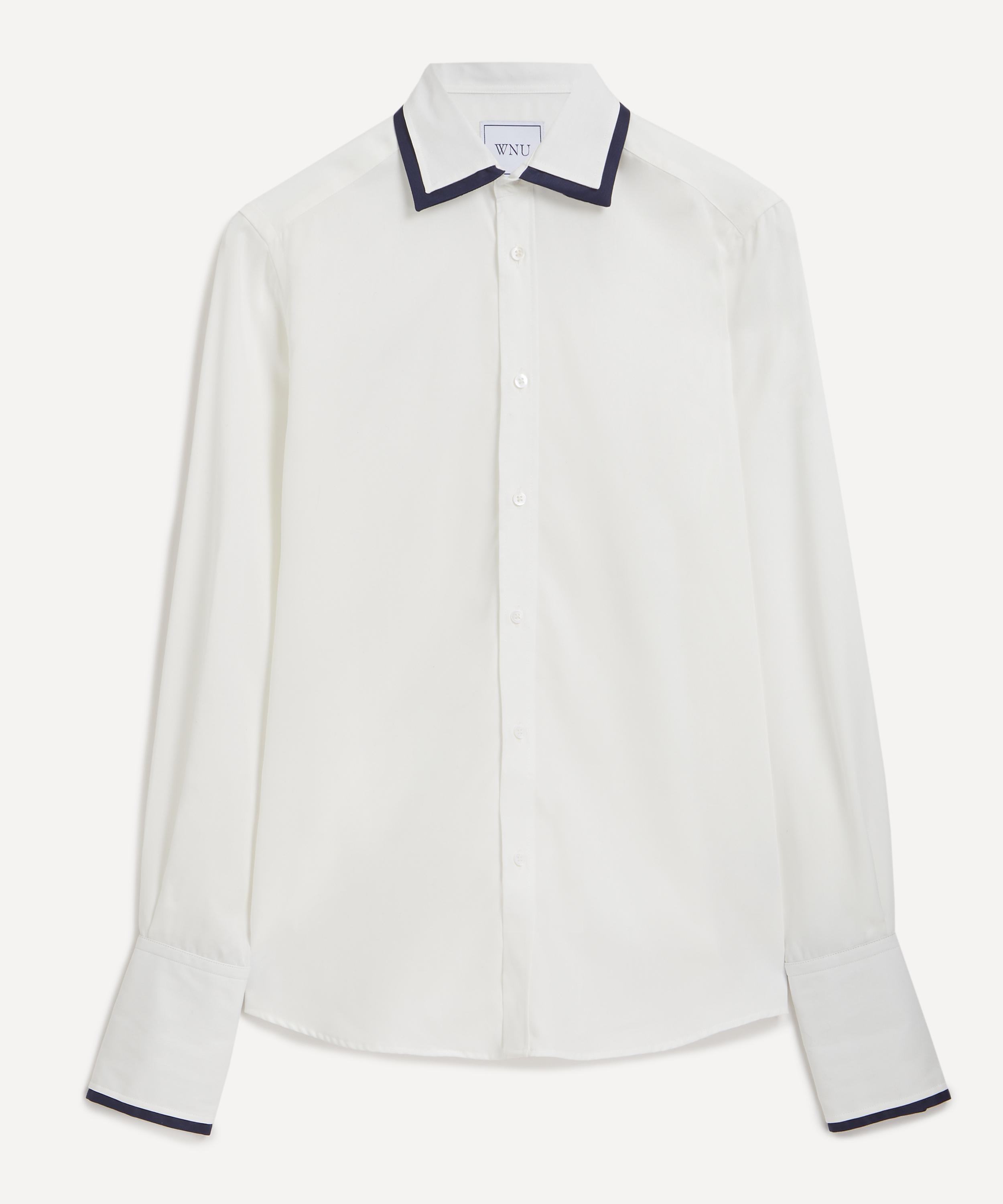 With Nothing Underneath - The Boyfriend Double Cuff Tencel Off White and Navy Shirt image number 0