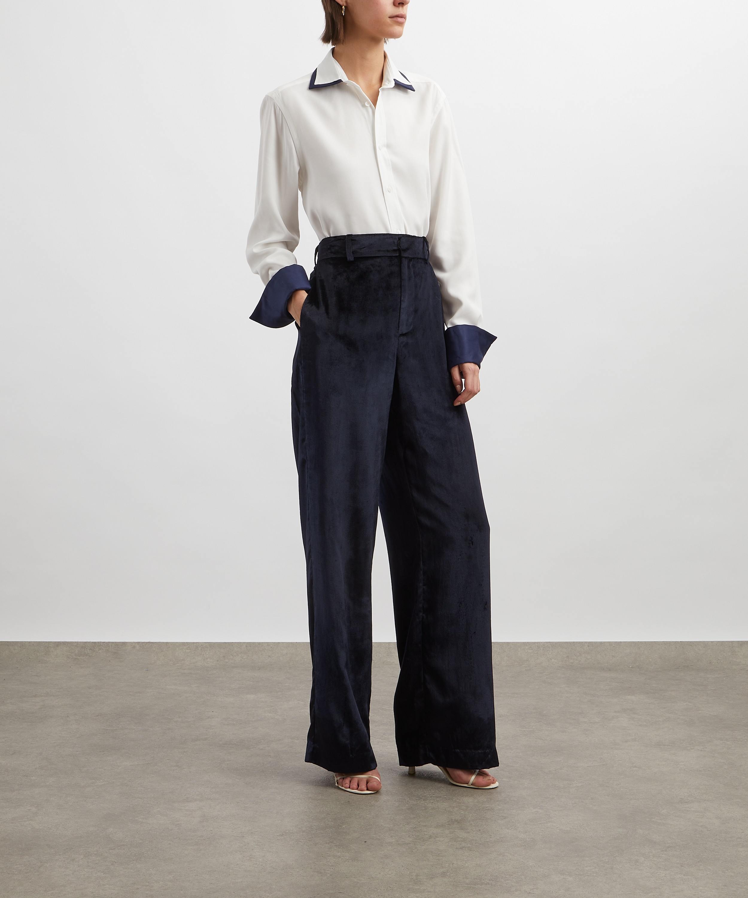 With Nothing Underneath - The Boyfriend Double Cuff Tencel Off White and Navy Shirt image number 1