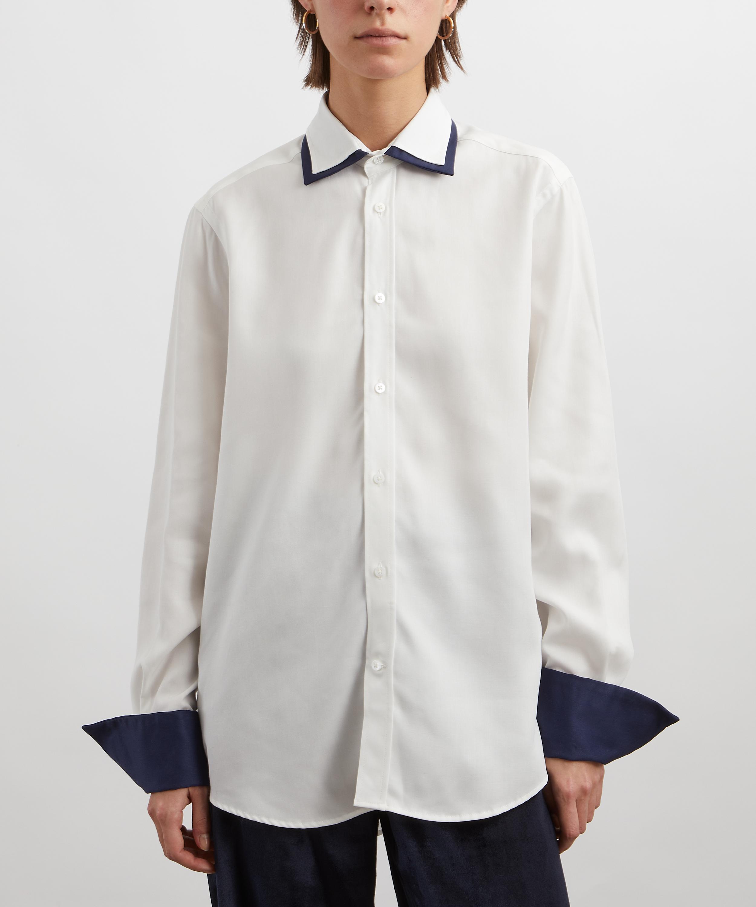 With Nothing Underneath - The Boyfriend Double Cuff Tencel Off White and Navy Shirt image number 2