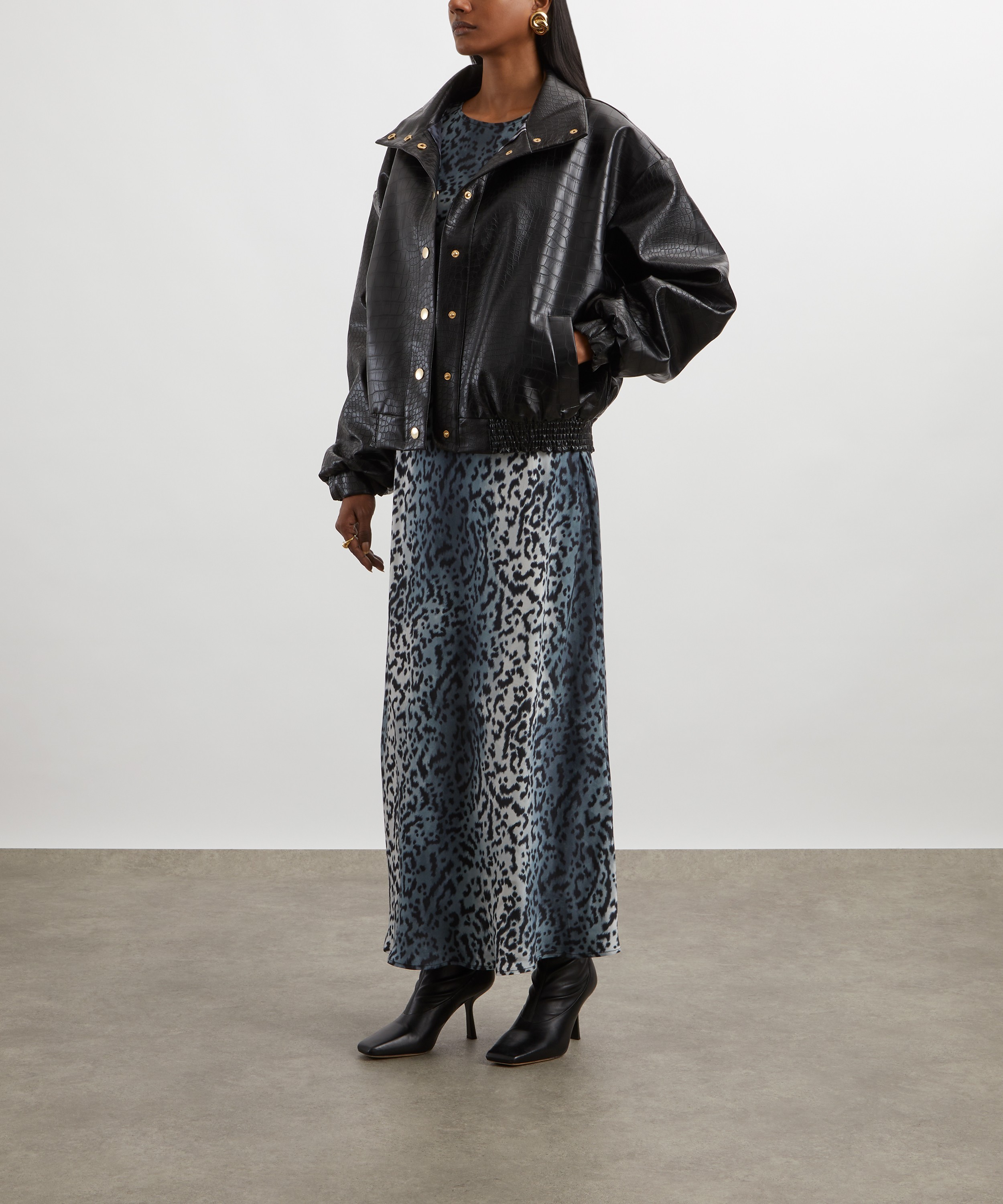 KITRI - Estelle Black Faux Croc Oversized Bomber Jacket image number 1