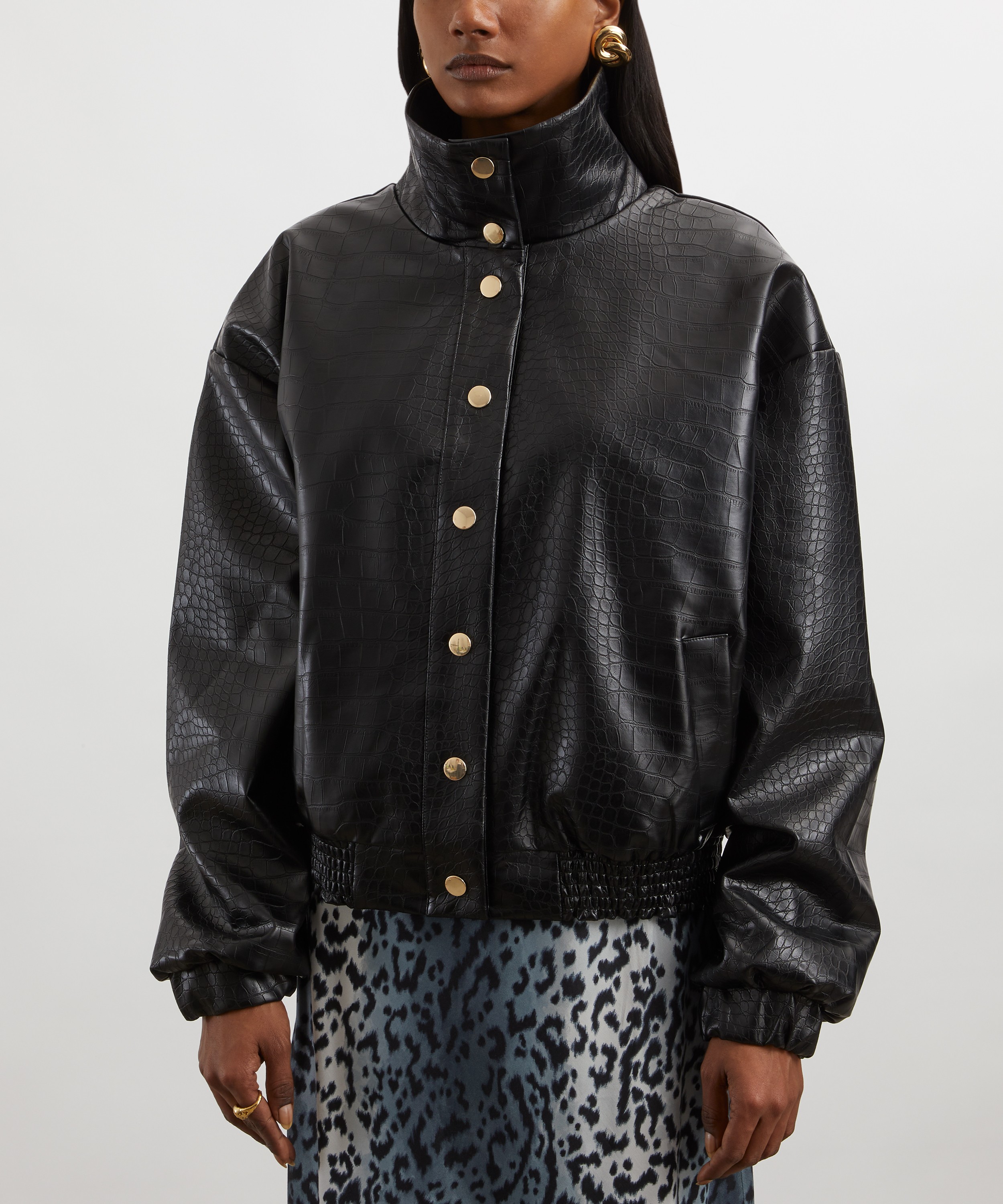 KITRI - Estelle Black Faux Croc Oversized Bomber Jacket image number 2