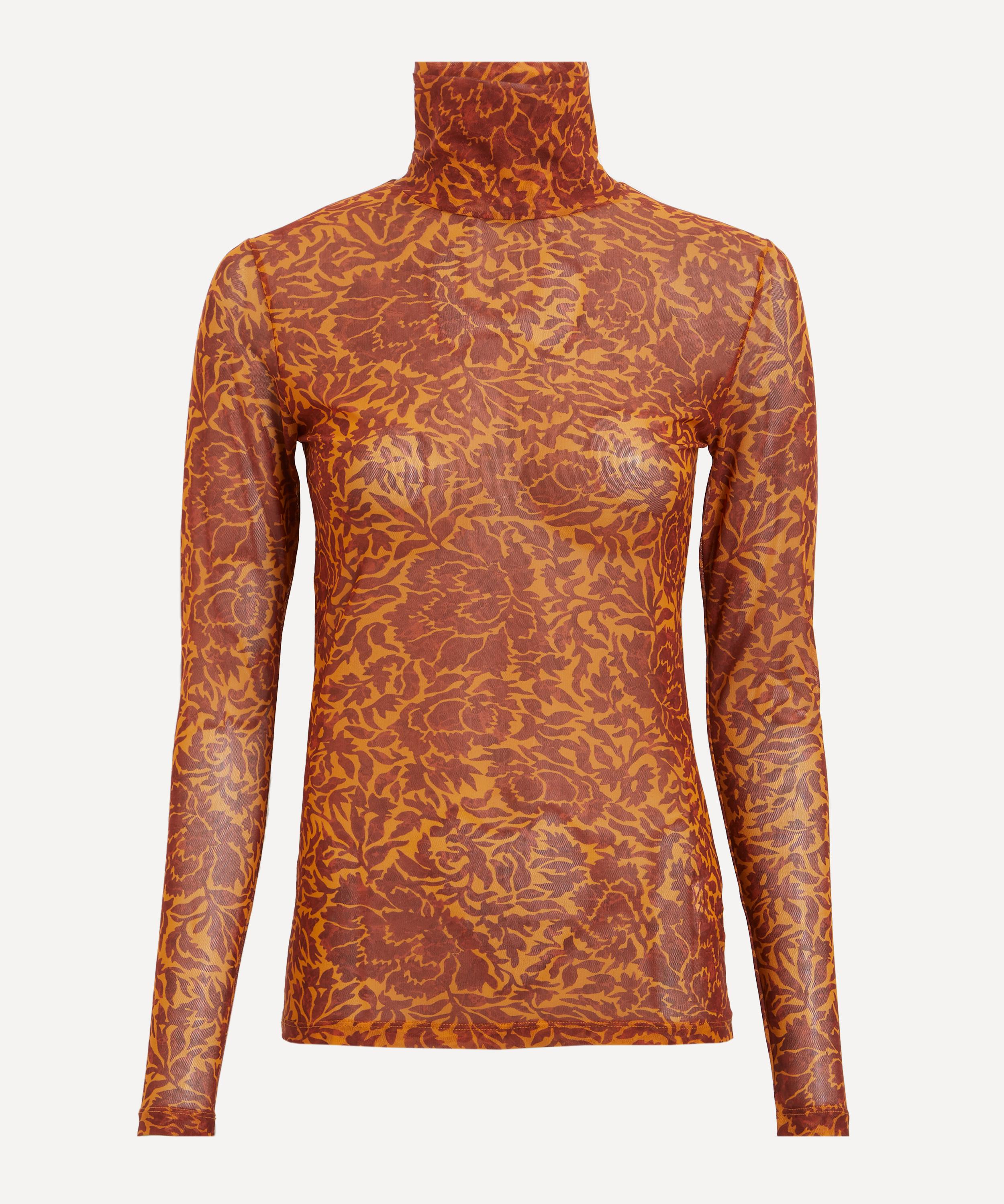 Dries Van Noten - Orange Floral Mesh Turtleneck Top image number 0