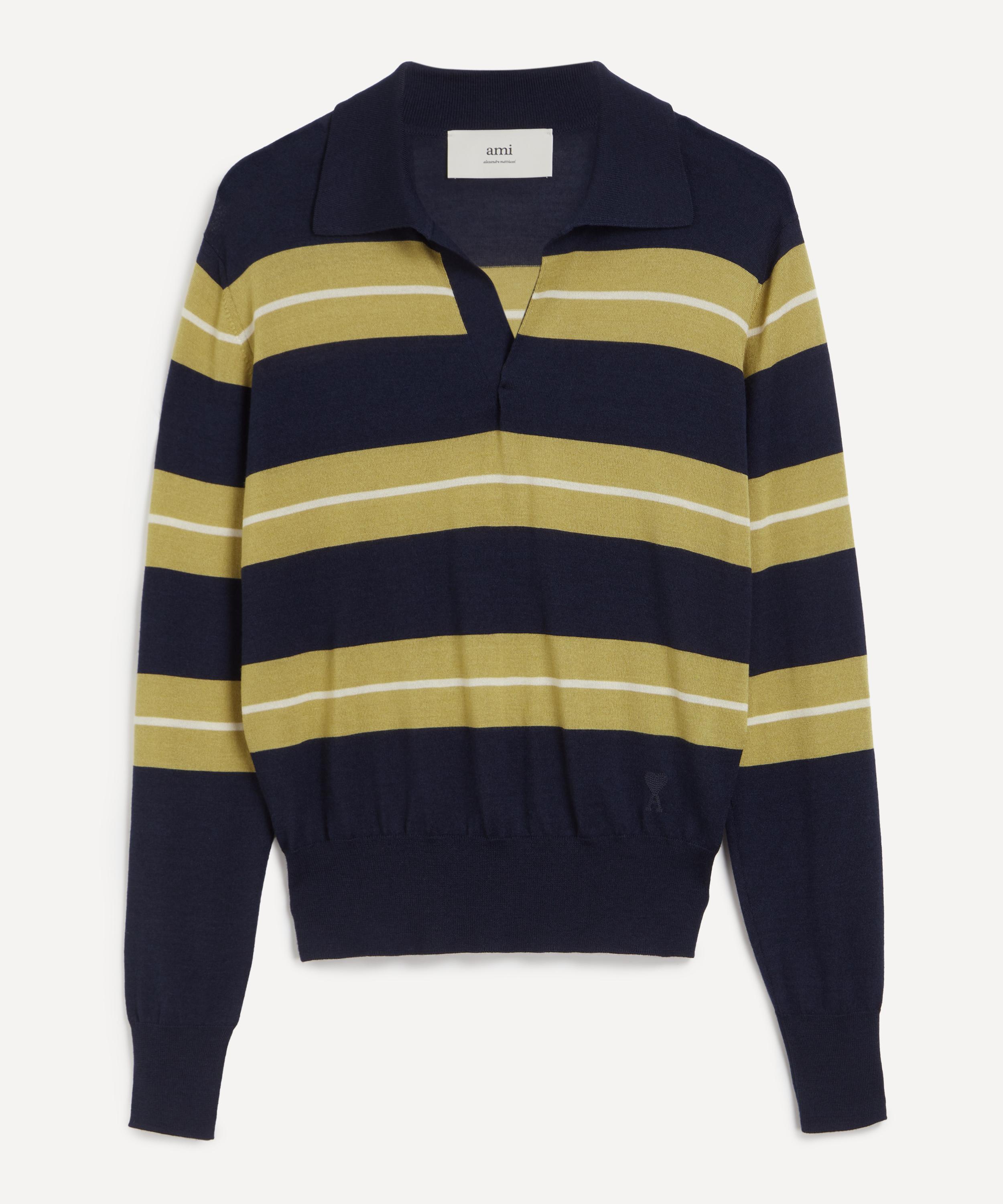 Ami - Navy Wool-Silk Striped Polo image number 0