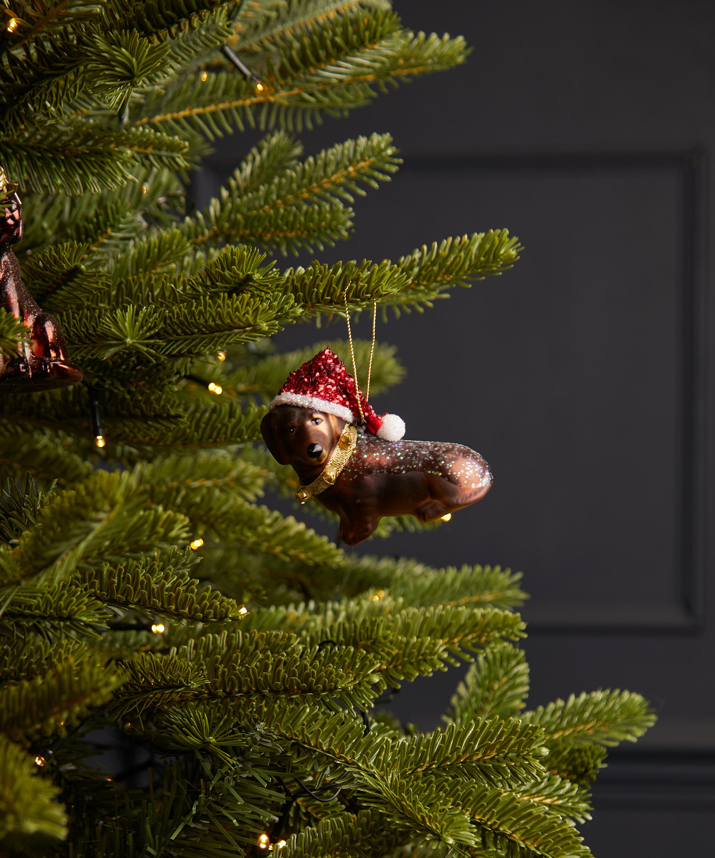 Christmas - Little Dachshund with Christmas Hat Glass Ornament image number 1