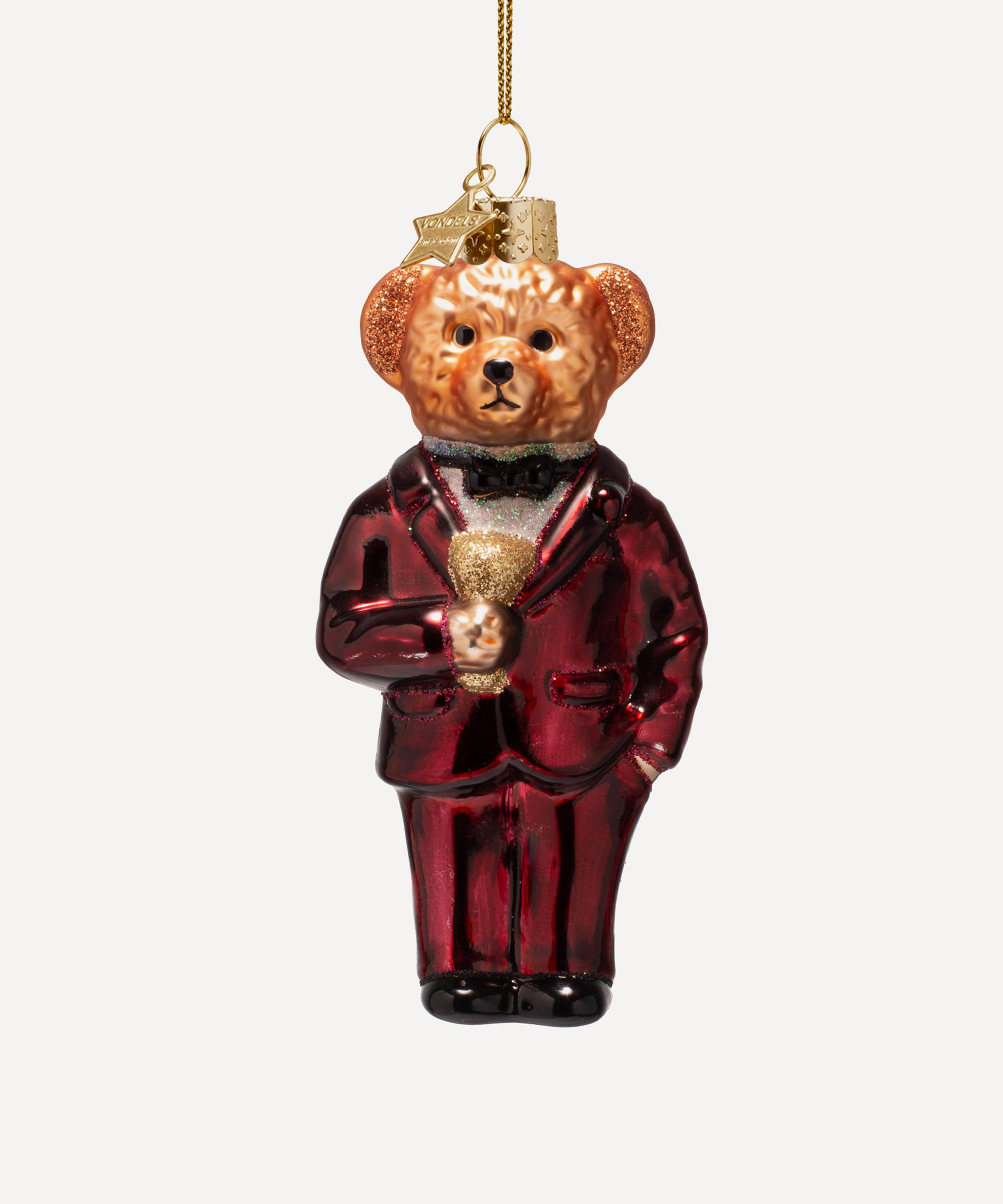 Christmas - Teddy Bear in Burgundy Suit Glass Ornament image number 0