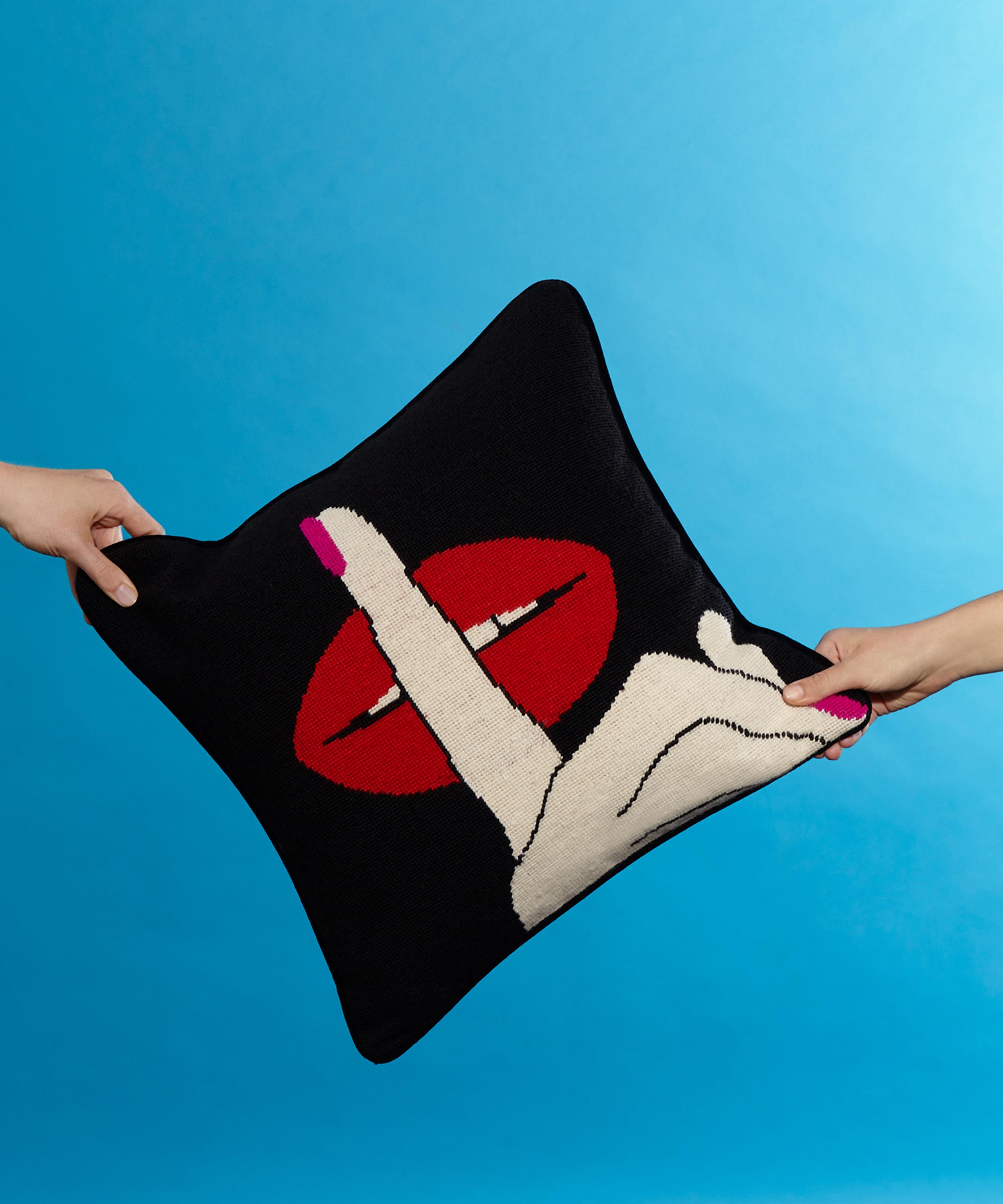 Jonathan Adler - Lips Hush Needlepoint Cushion image number 1