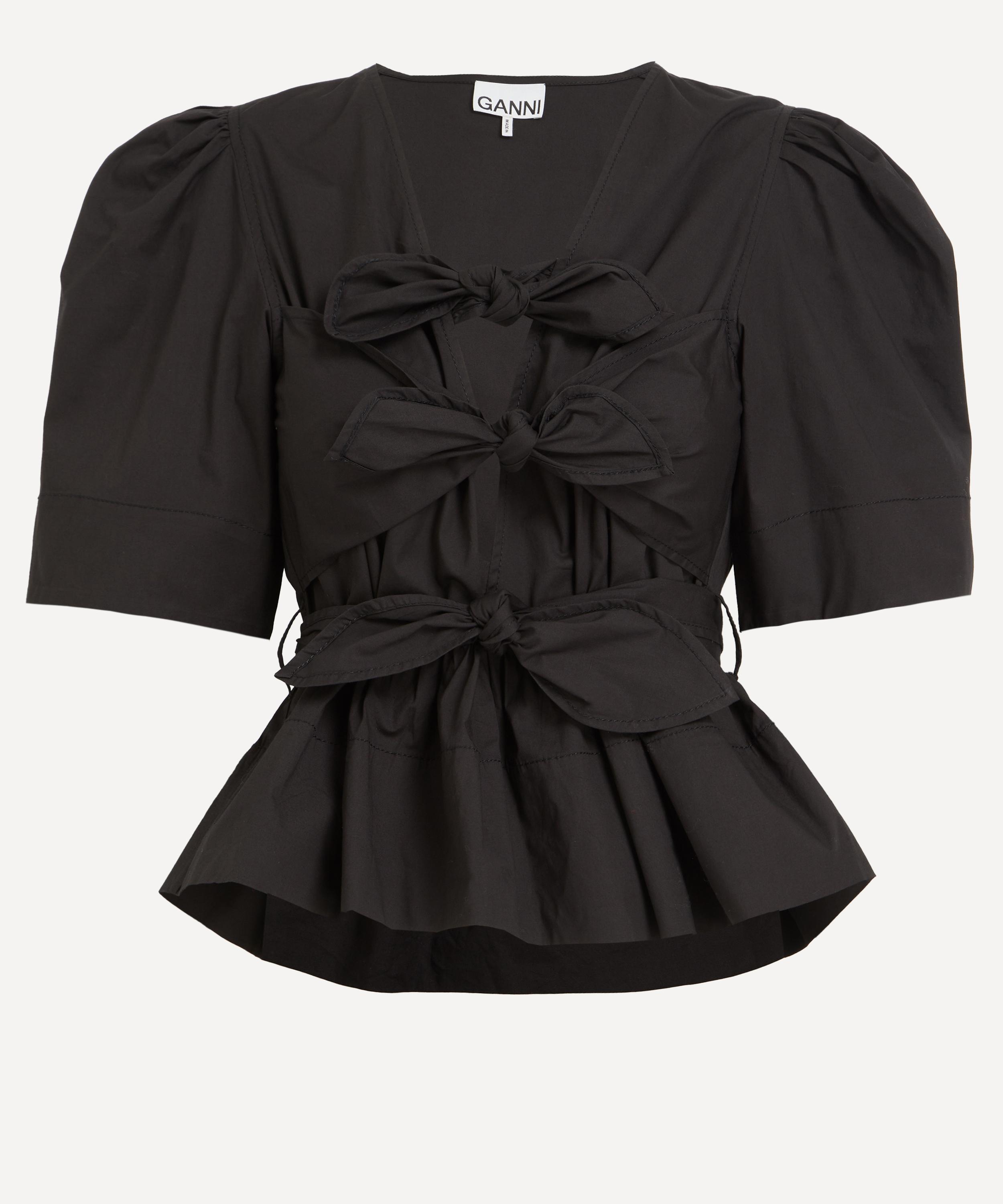 Ganni - Black Stretch Cotton Tie Strap Blouse image number 0