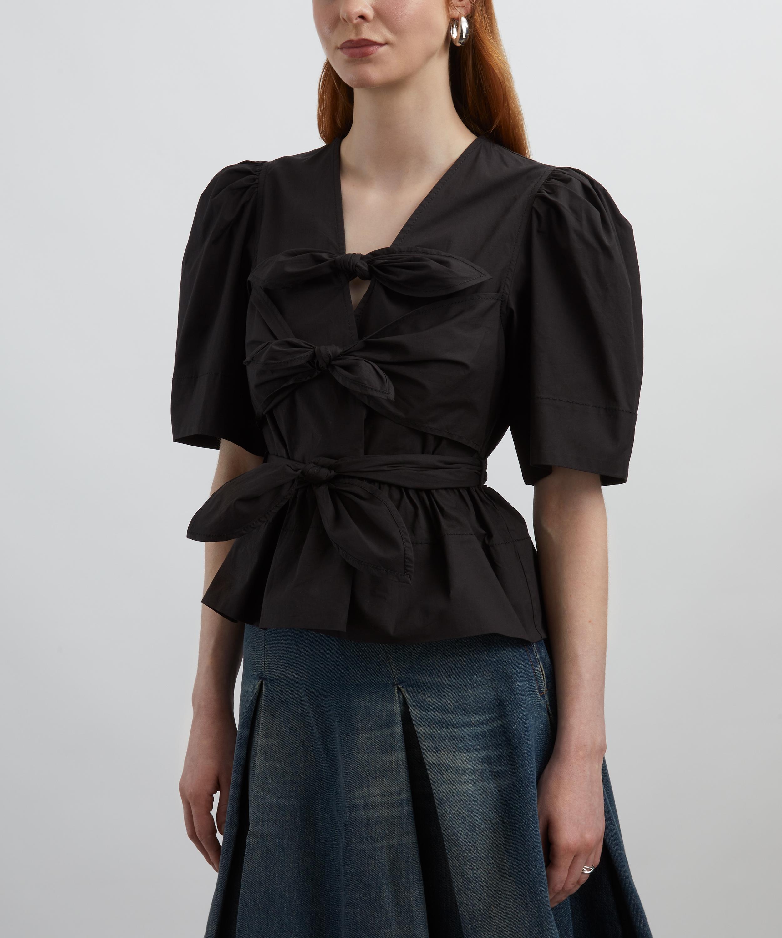 Ganni - Black Stretch Cotton Tie Strap Blouse image number 2