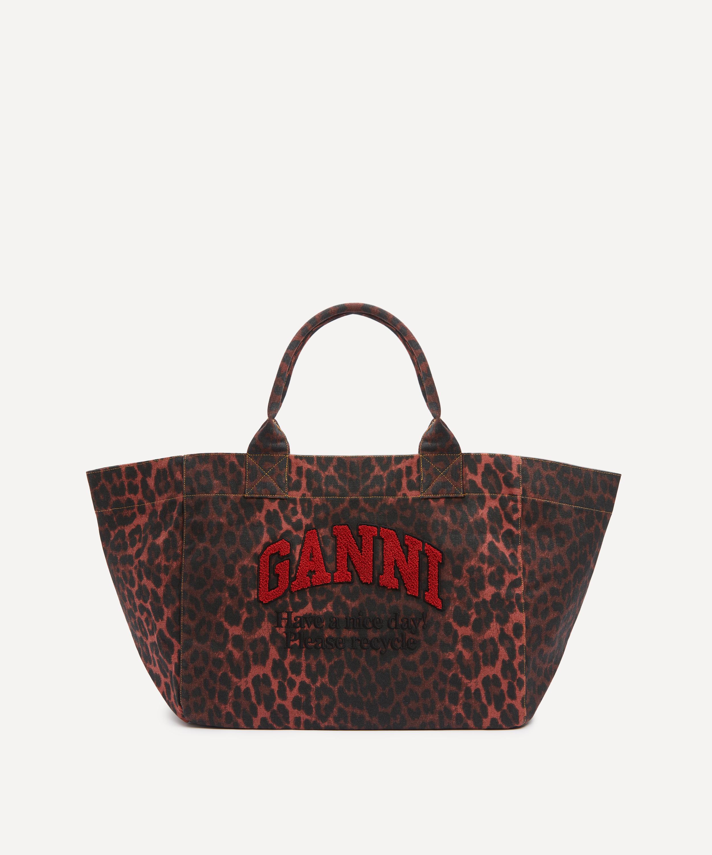 Ganni - Red Leopard Print Oversized Canvas Tote Bag image number 0