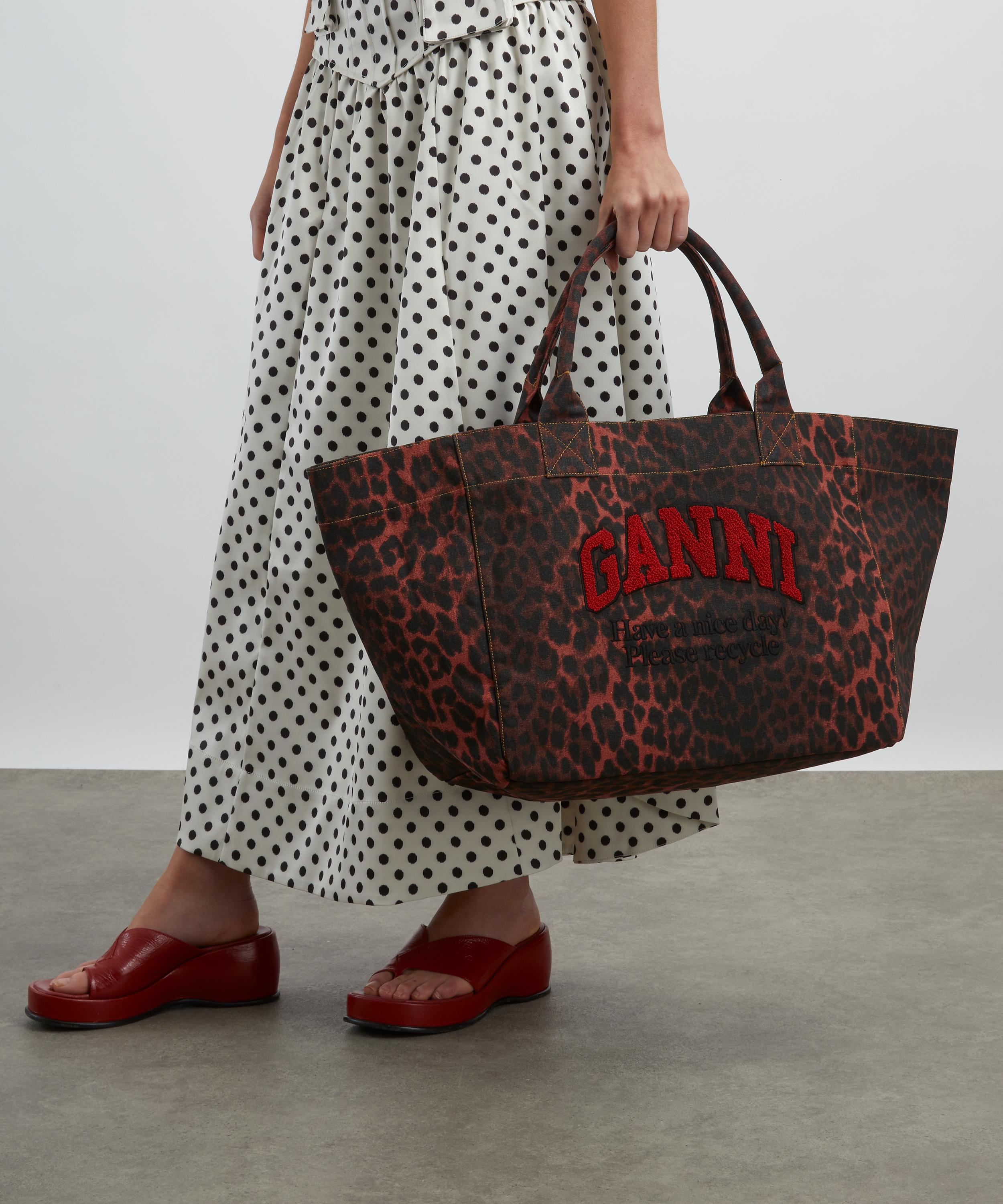 Ganni - Red Leopard Print Oversized Canvas Tote Bag image number 1