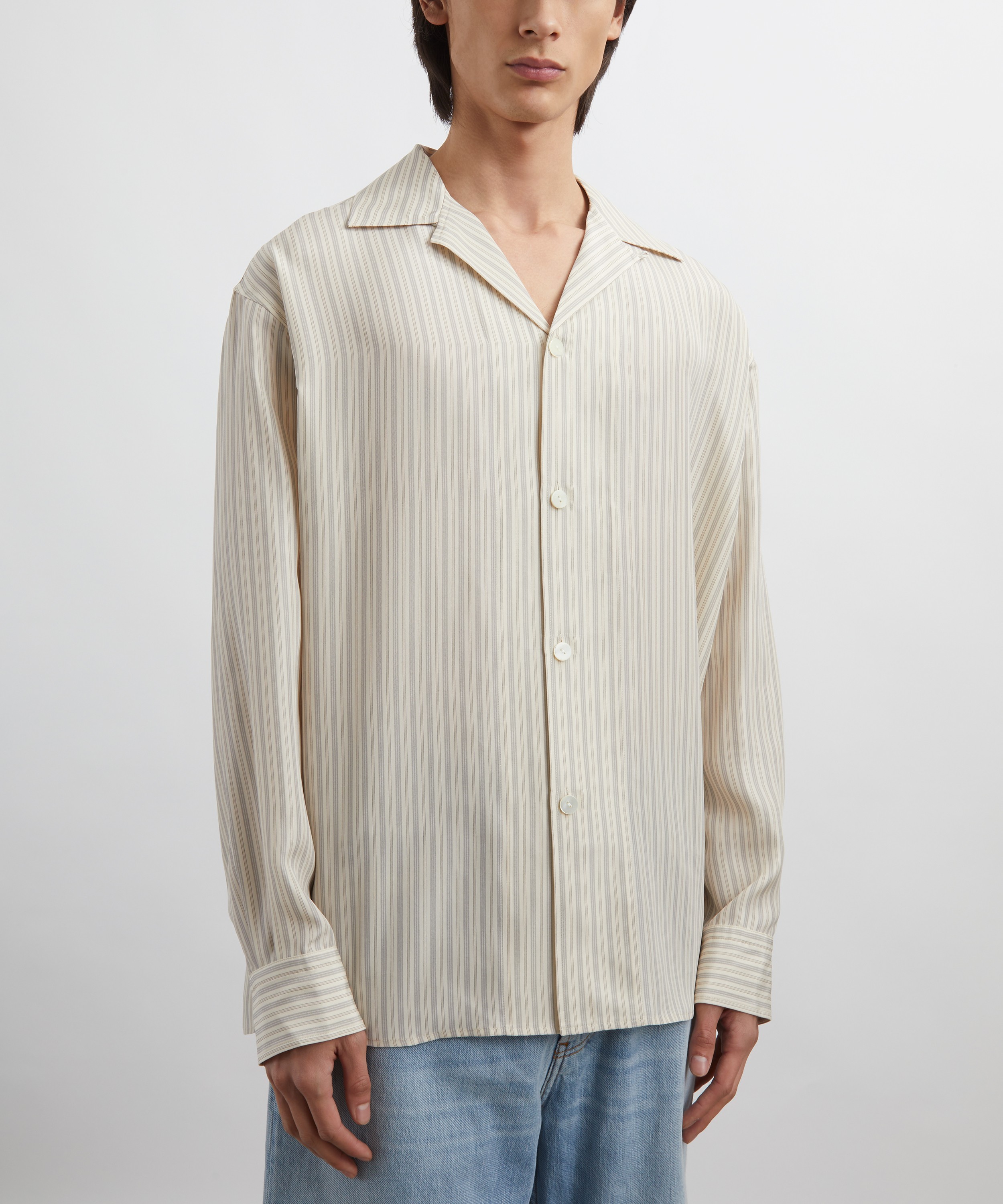 Róhe - Cream Heritage Stripe Camp Collar Silk Shirt image number 2