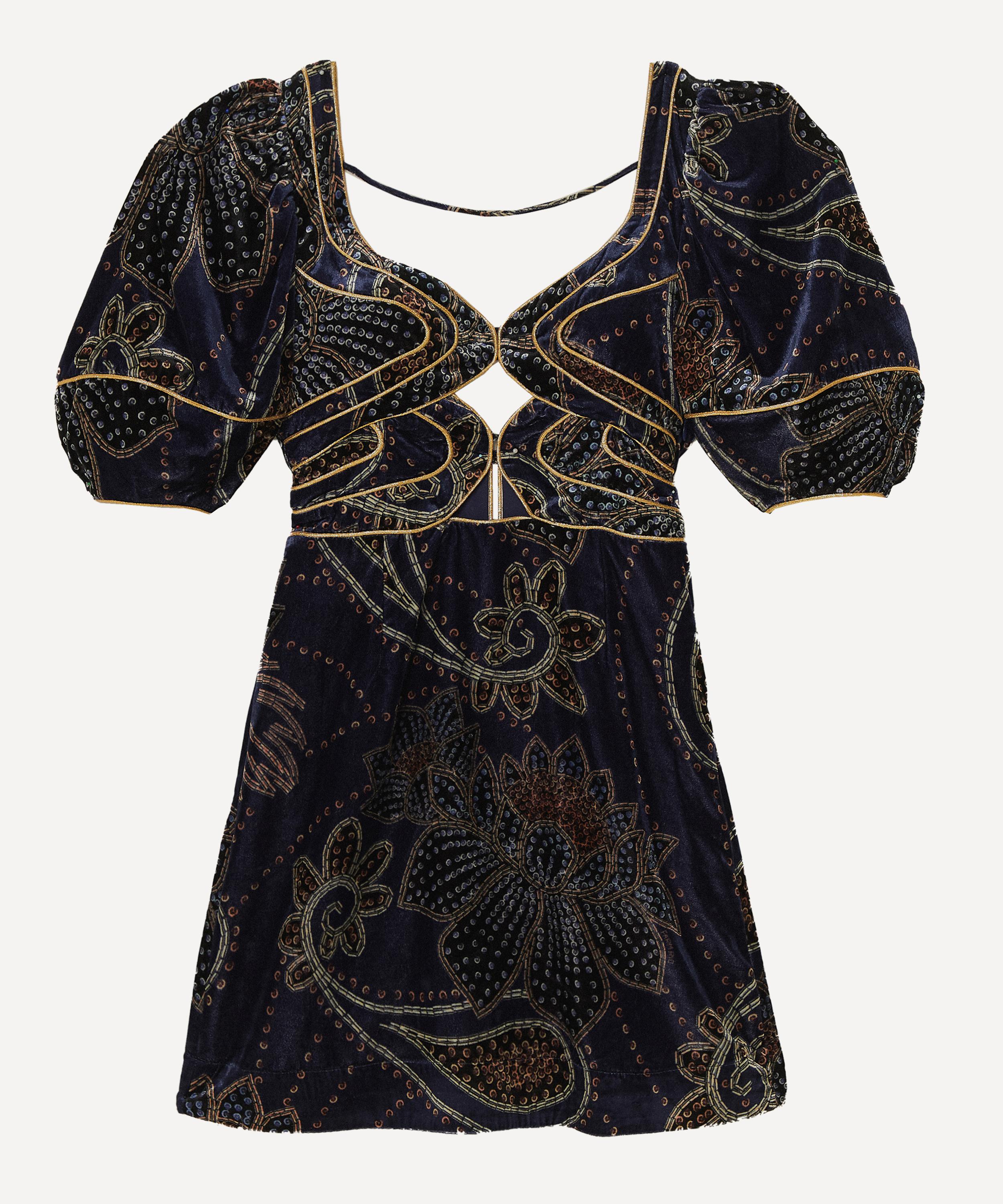 FARM Rio - Floral Glam Scarf Blue Velvet Mini Dress image number 0