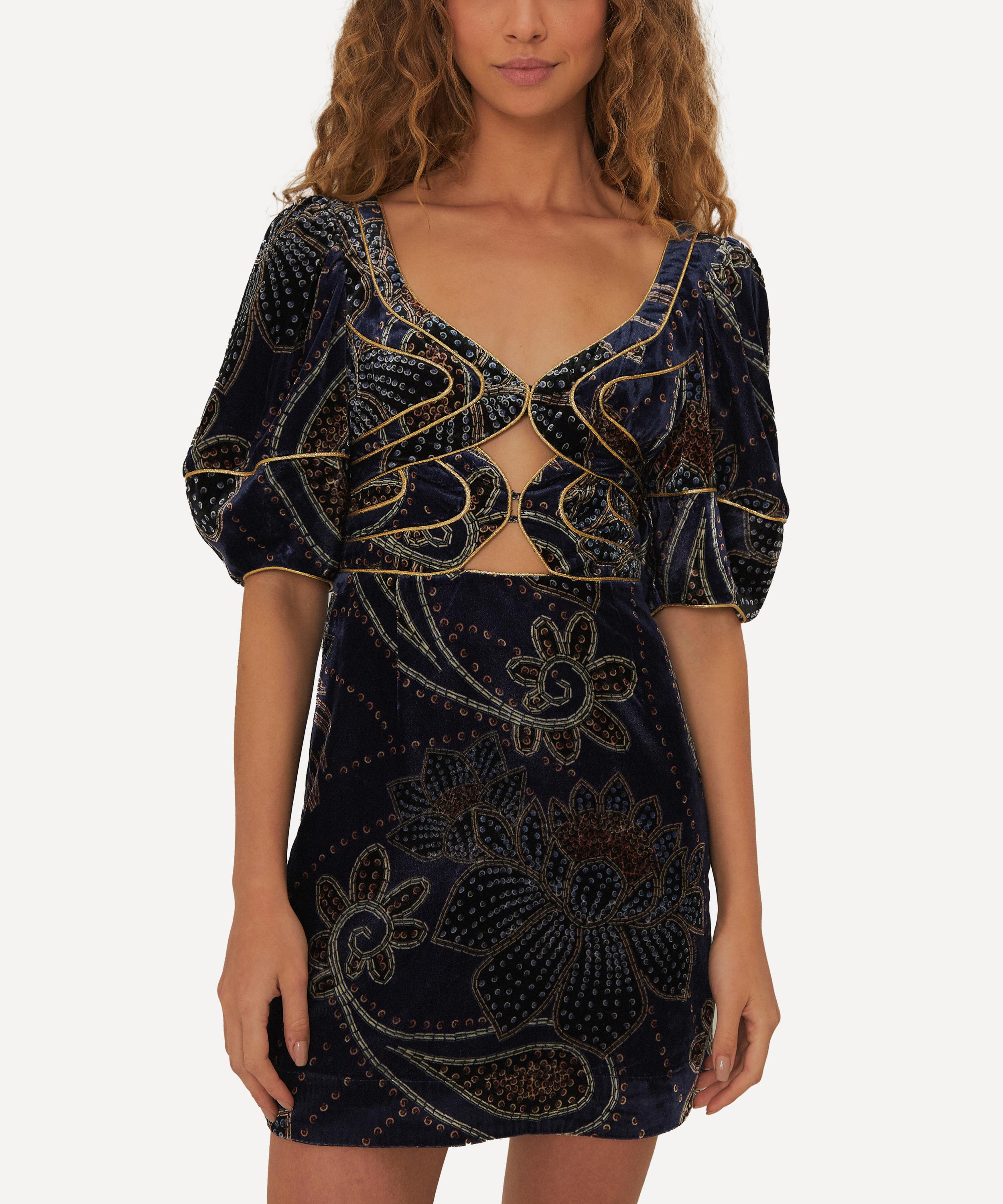 FARM Rio - Floral Glam Scarf Blue Velvet Mini Dress image number 1