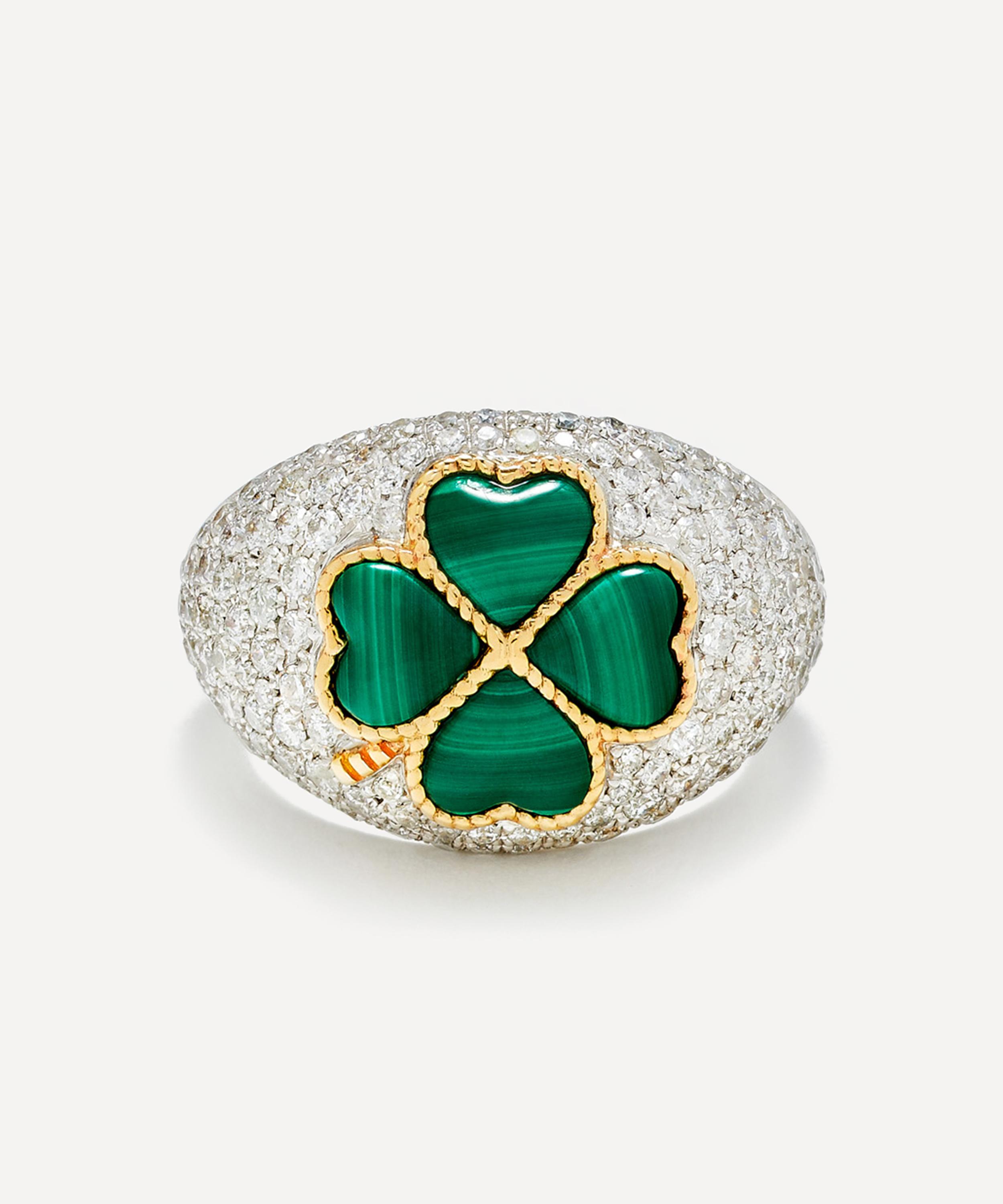Yvonne Léon - 9ct White Gold Clover Malachite Dome Ring image number 0