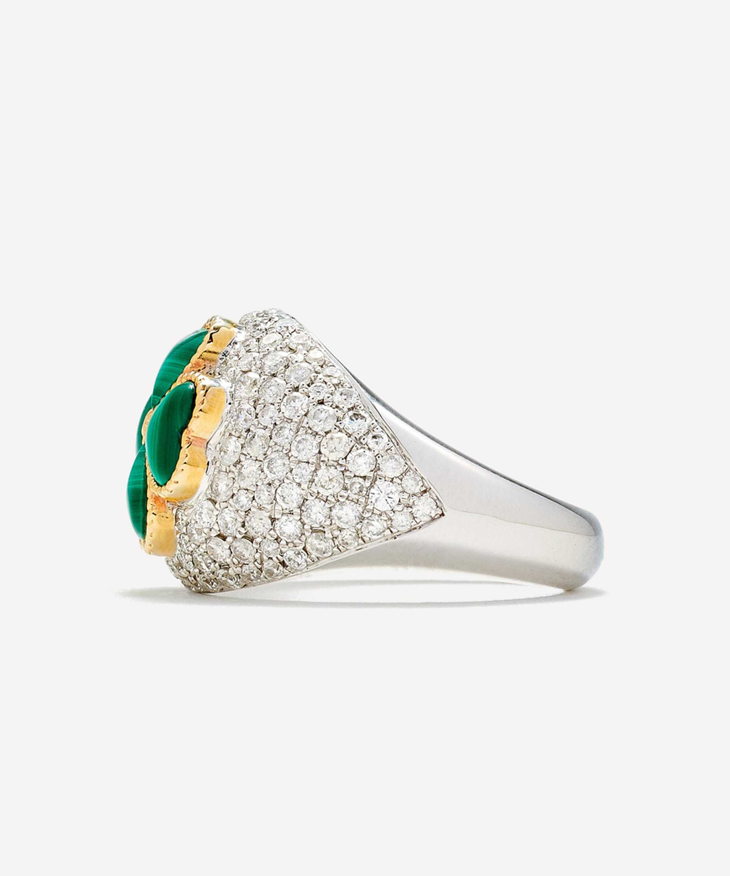 Yvonne Léon - 9ct White Gold Clover Malachite Dome Ring image number 2