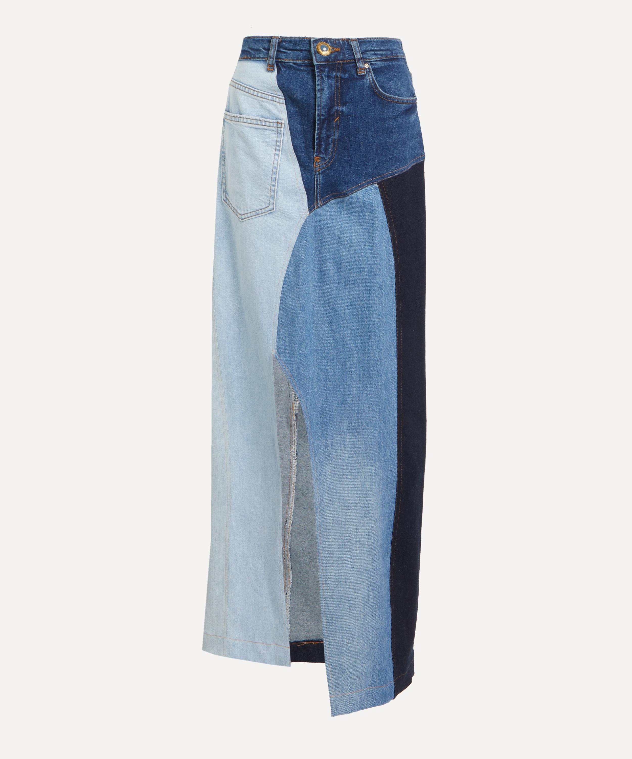 FANFARE - High Waisted Upcycled Patchwork Denim Long Skirt with Slit