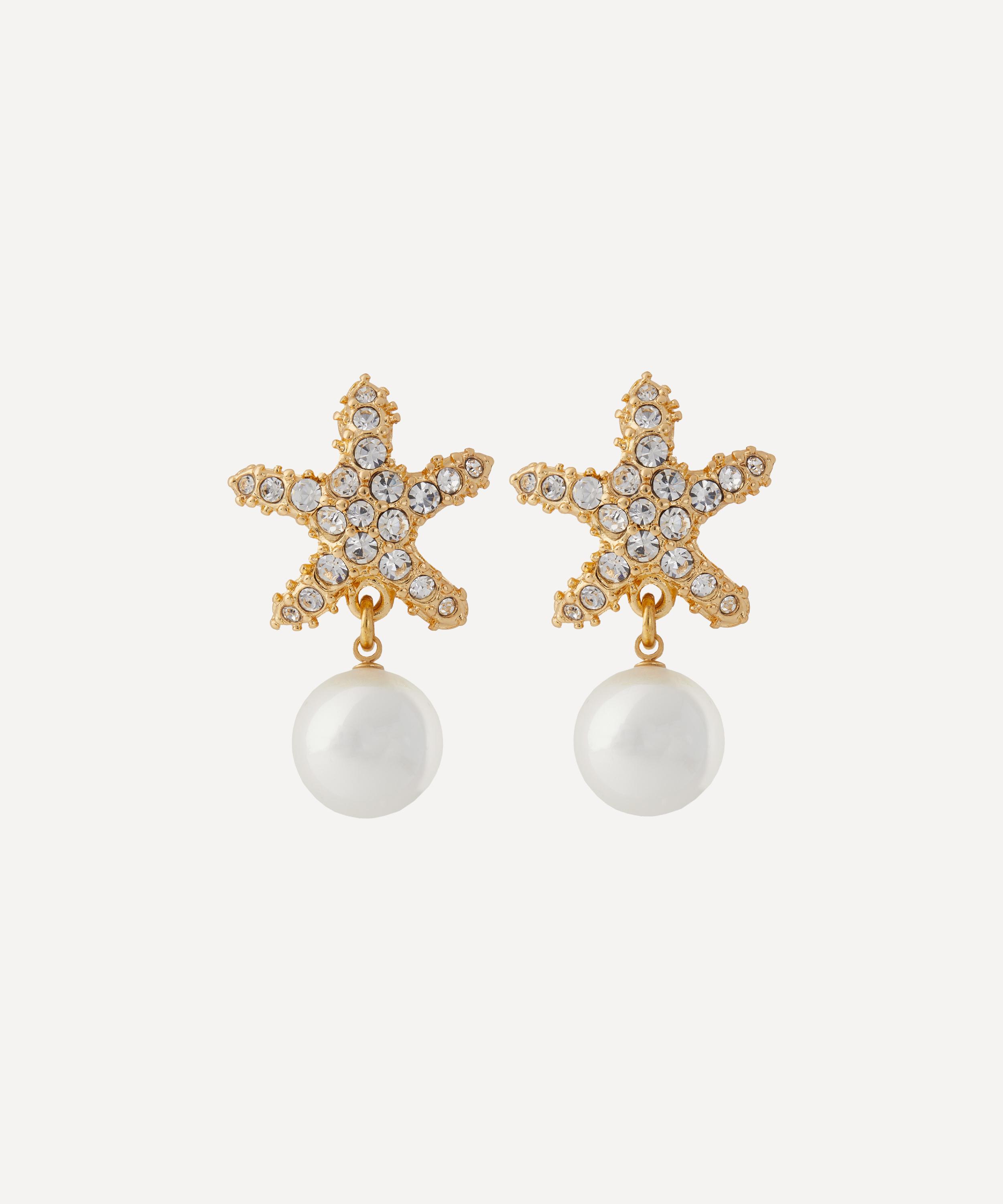 Kenneth Jay Lane - Gold-Plated Crystal Star Pearl Drop Clip-On Earrings