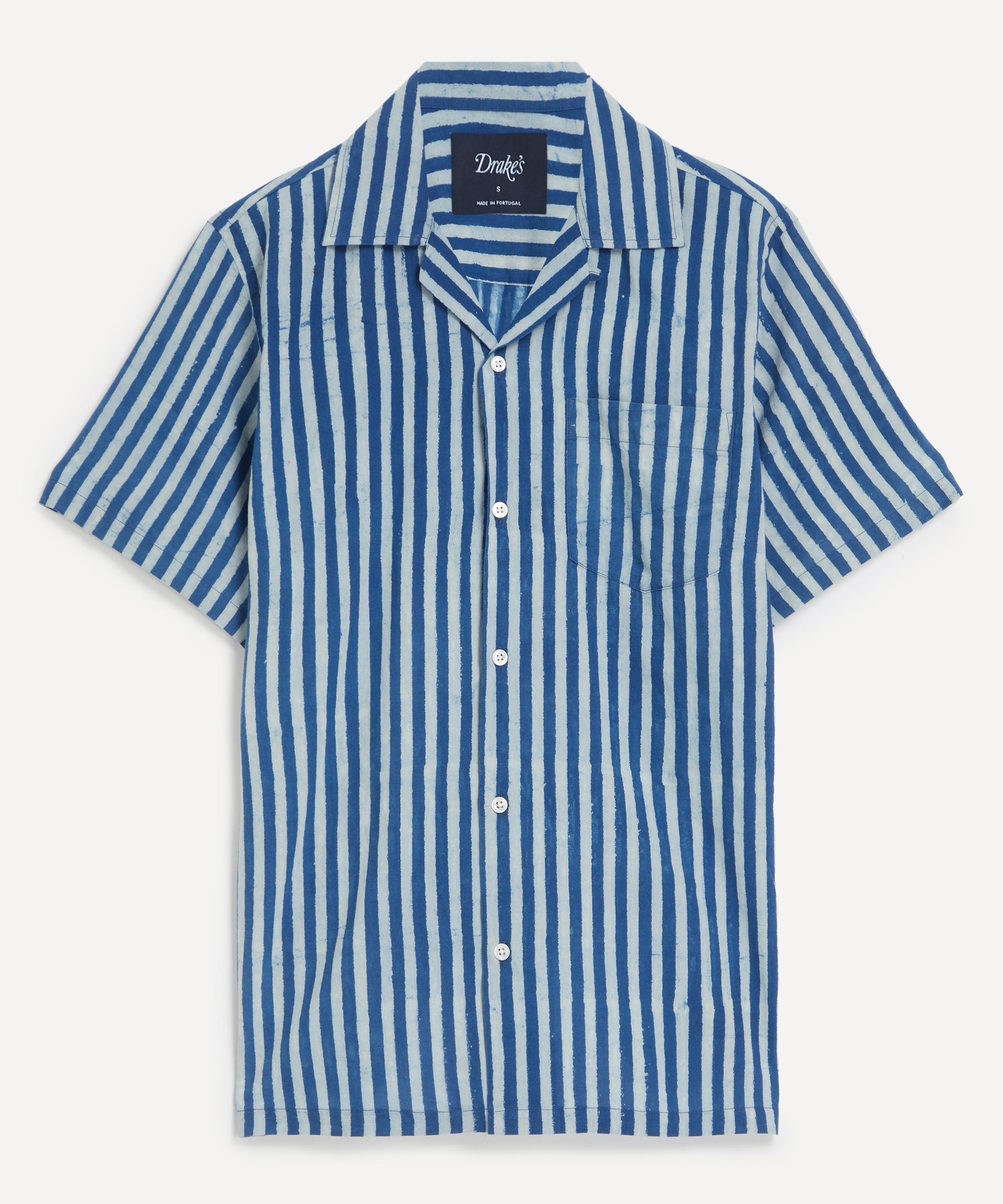 Drakes - Indigo Stripe Block Print Short-Sleeve Shirt