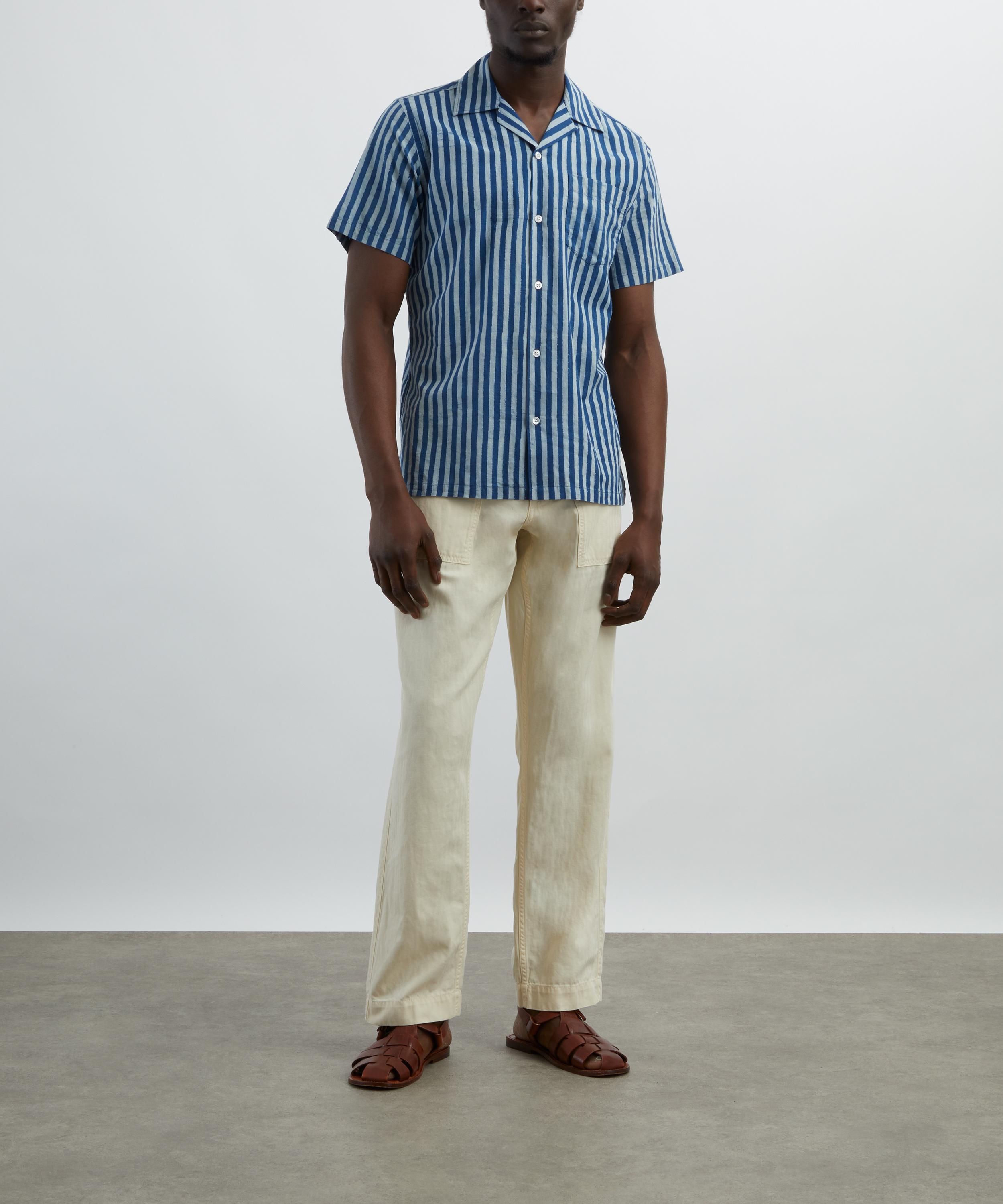 Drakes - Indigo Stripe Block Print Short-Sleeve Shirt image number 1