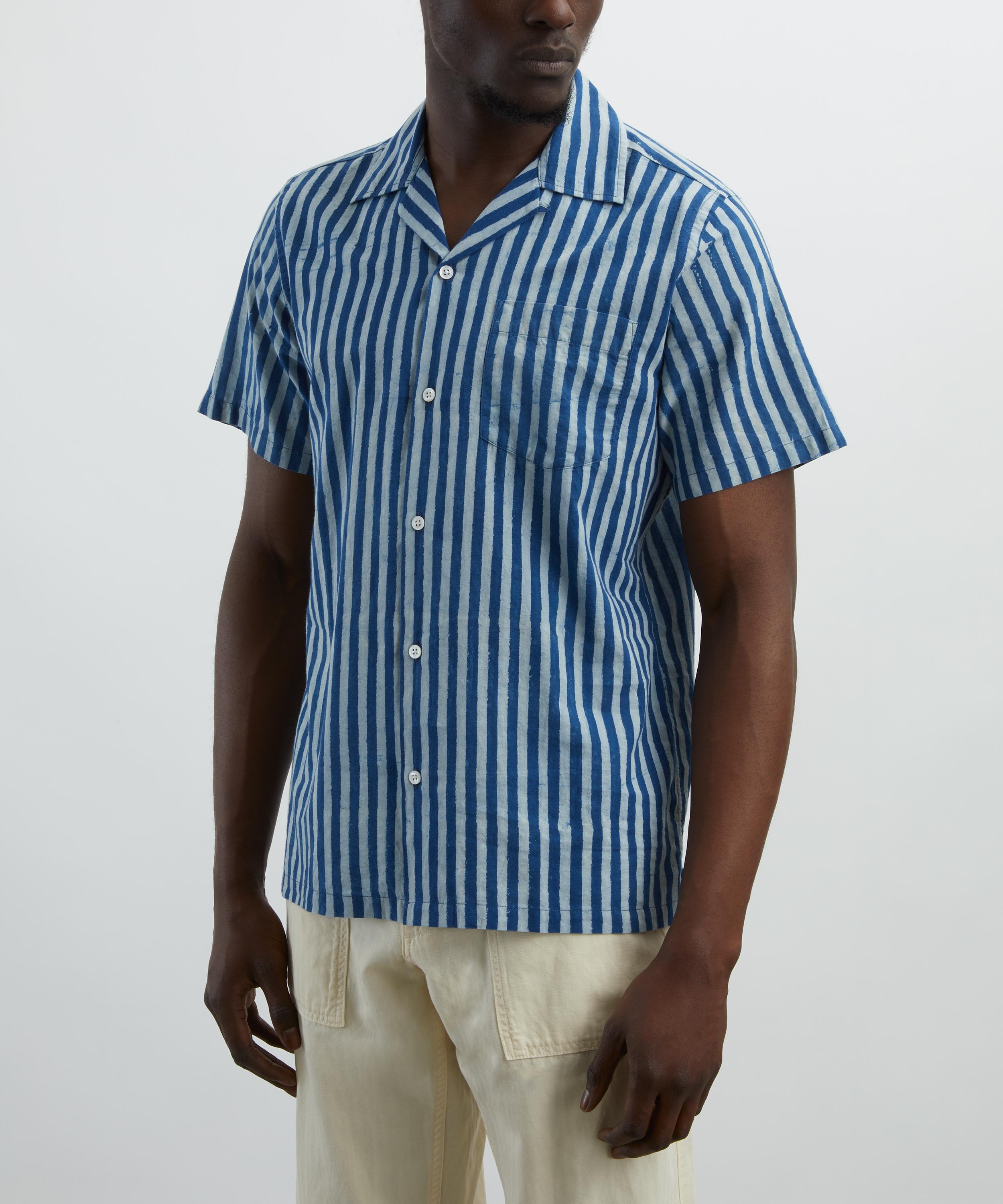 Drakes - Indigo Stripe Block Print Short-Sleeve Shirt image number 2
