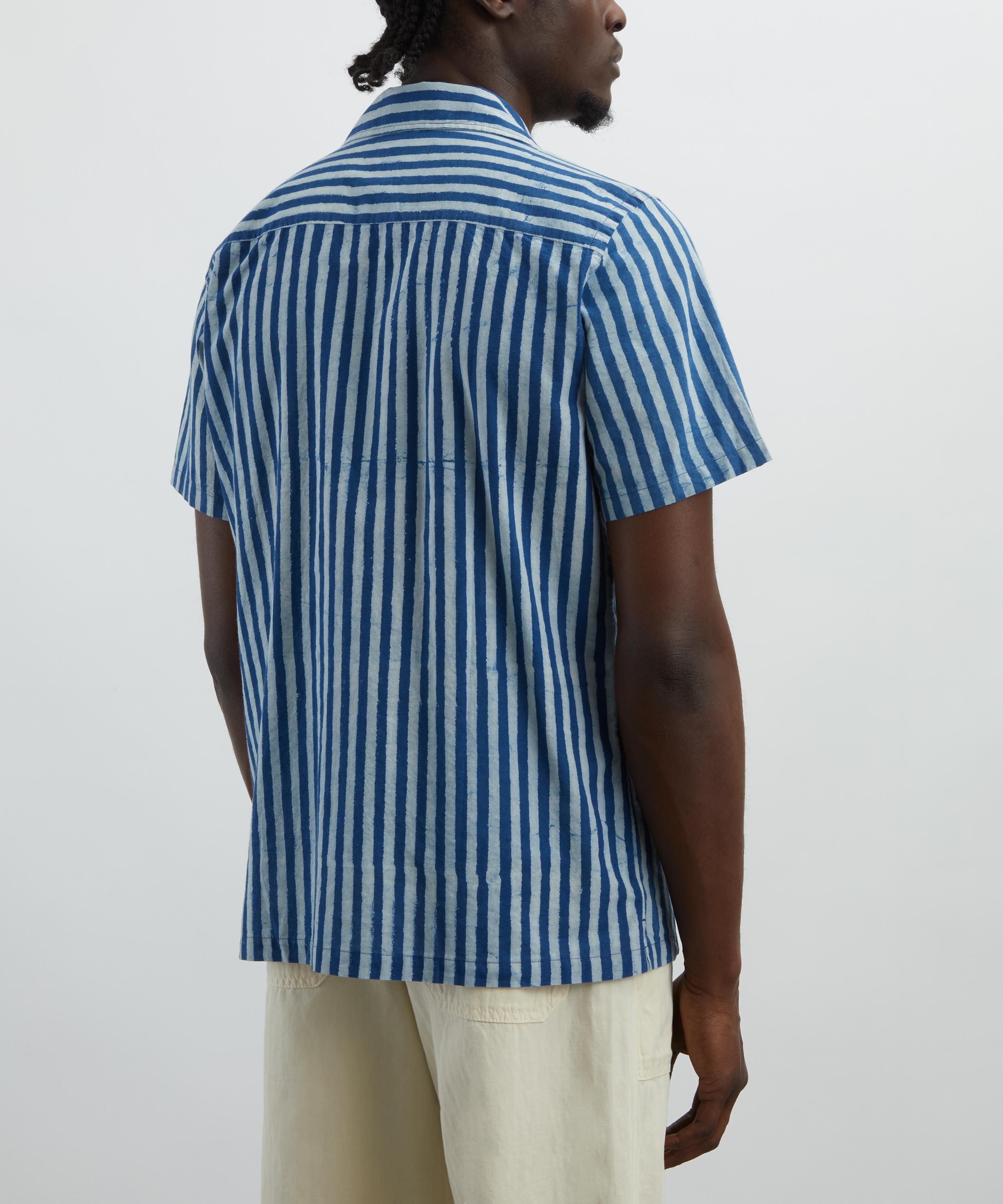 Drakes - Indigo Stripe Block Print Short-Sleeve Shirt image number 3