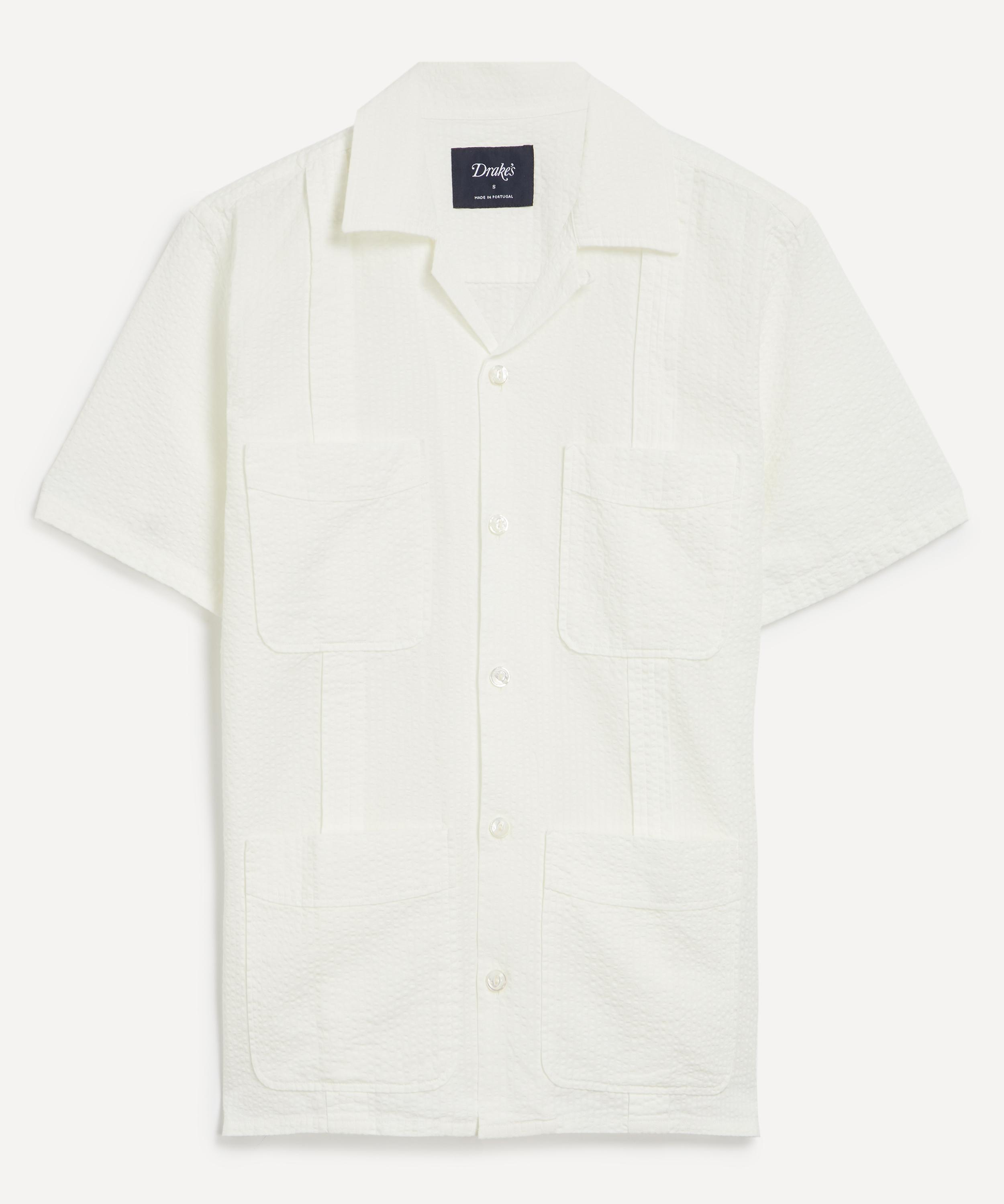 Drakes - White Cotton-Linen Seersucker Short-Sleeve Shirt