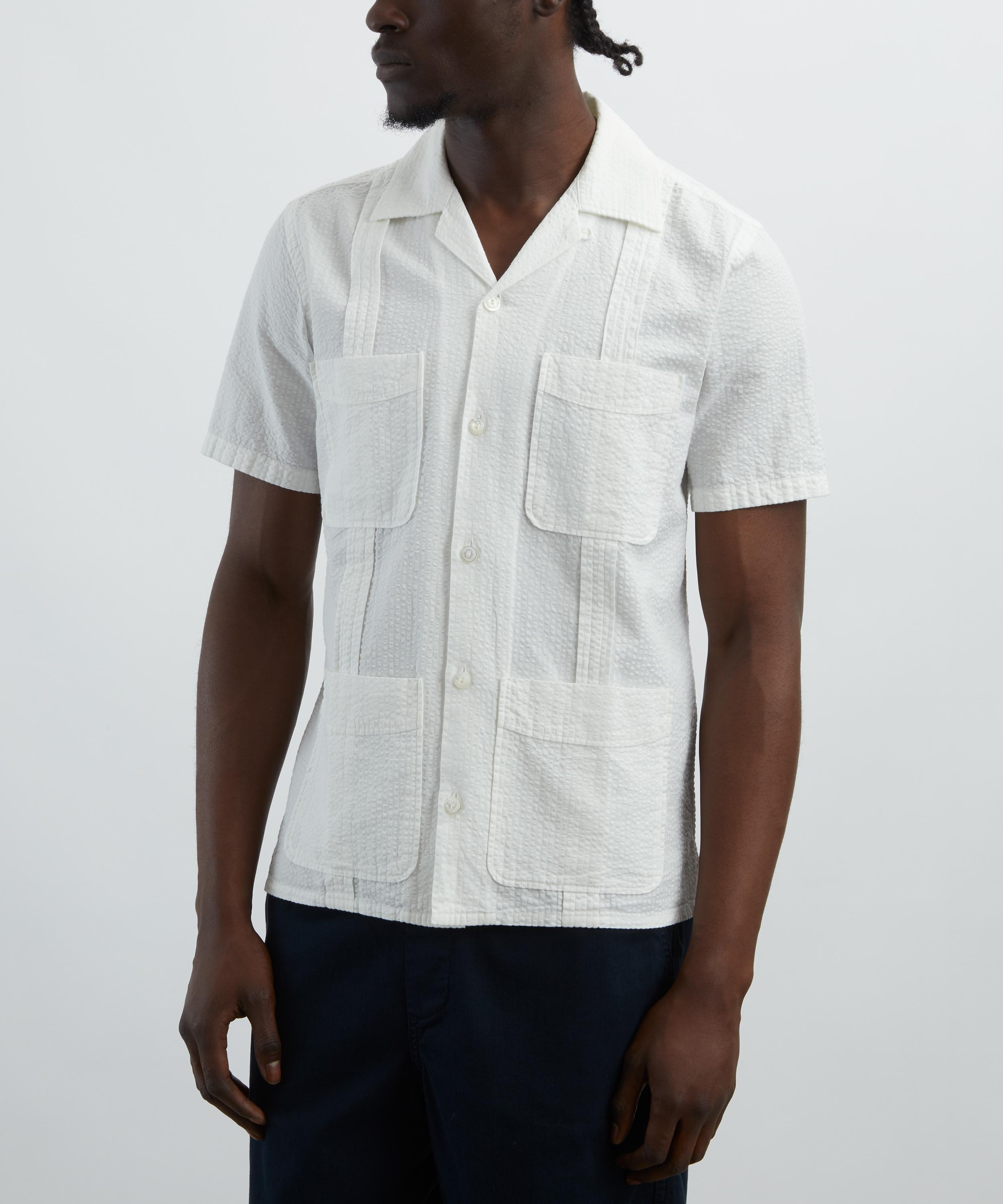 Drakes - White Cotton-Linen Seersucker Short-Sleeve Shirt image number 2