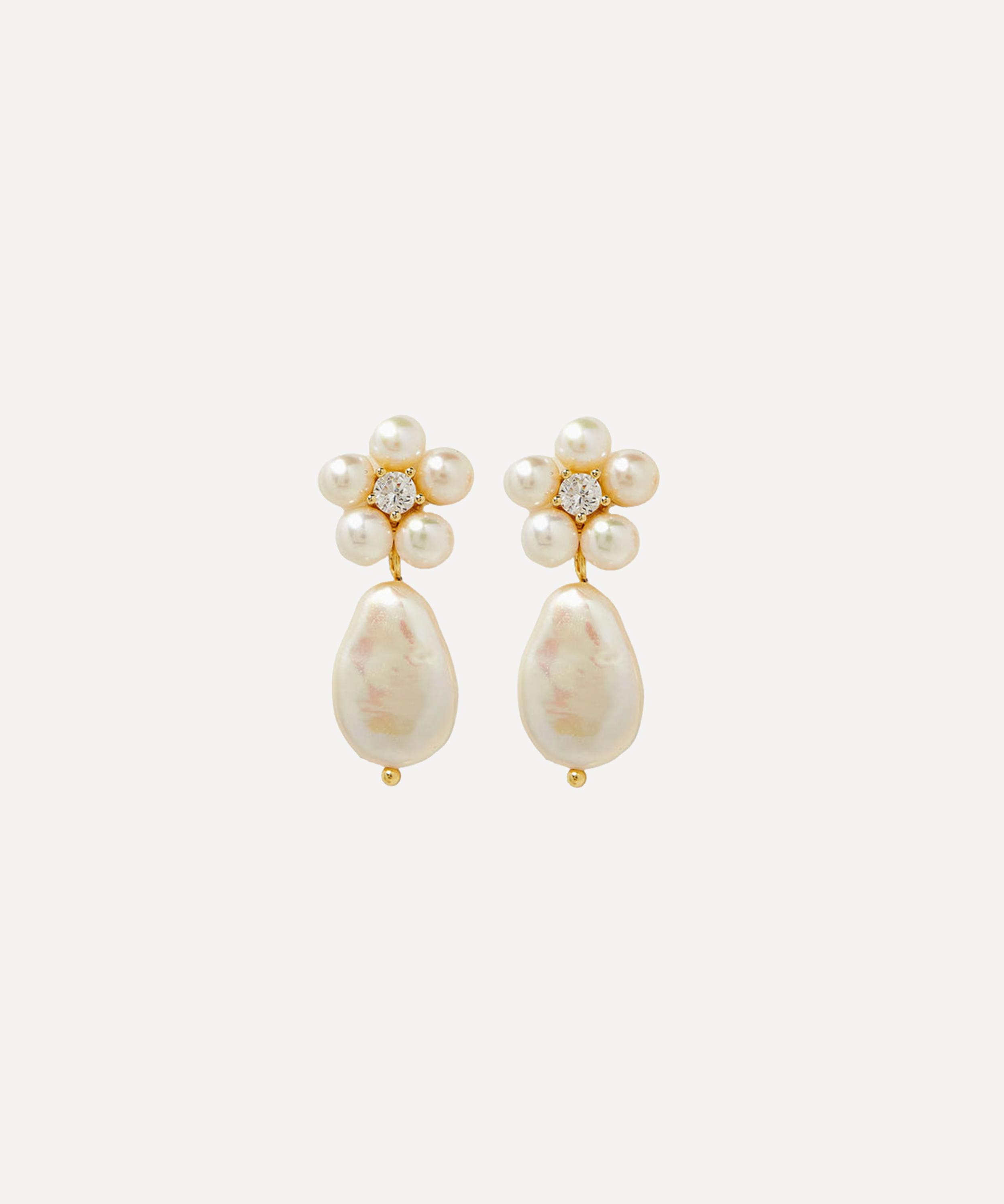 SHASHI - 14ct Gold-Plated Vermeil Silver Daisy Pearl Drop Earrings