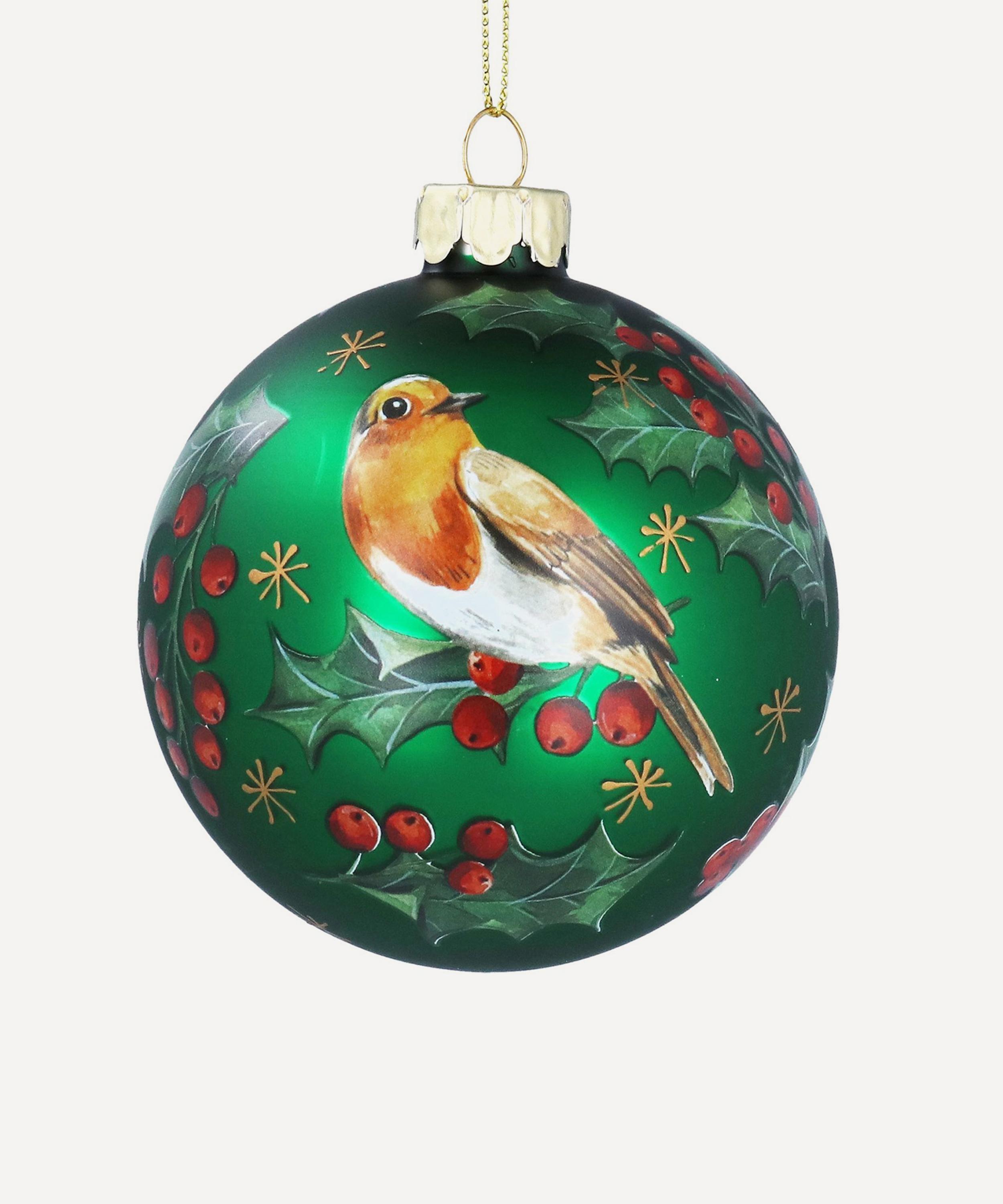 Christmas - Green Robin and Holly Glass Bauble image number 0