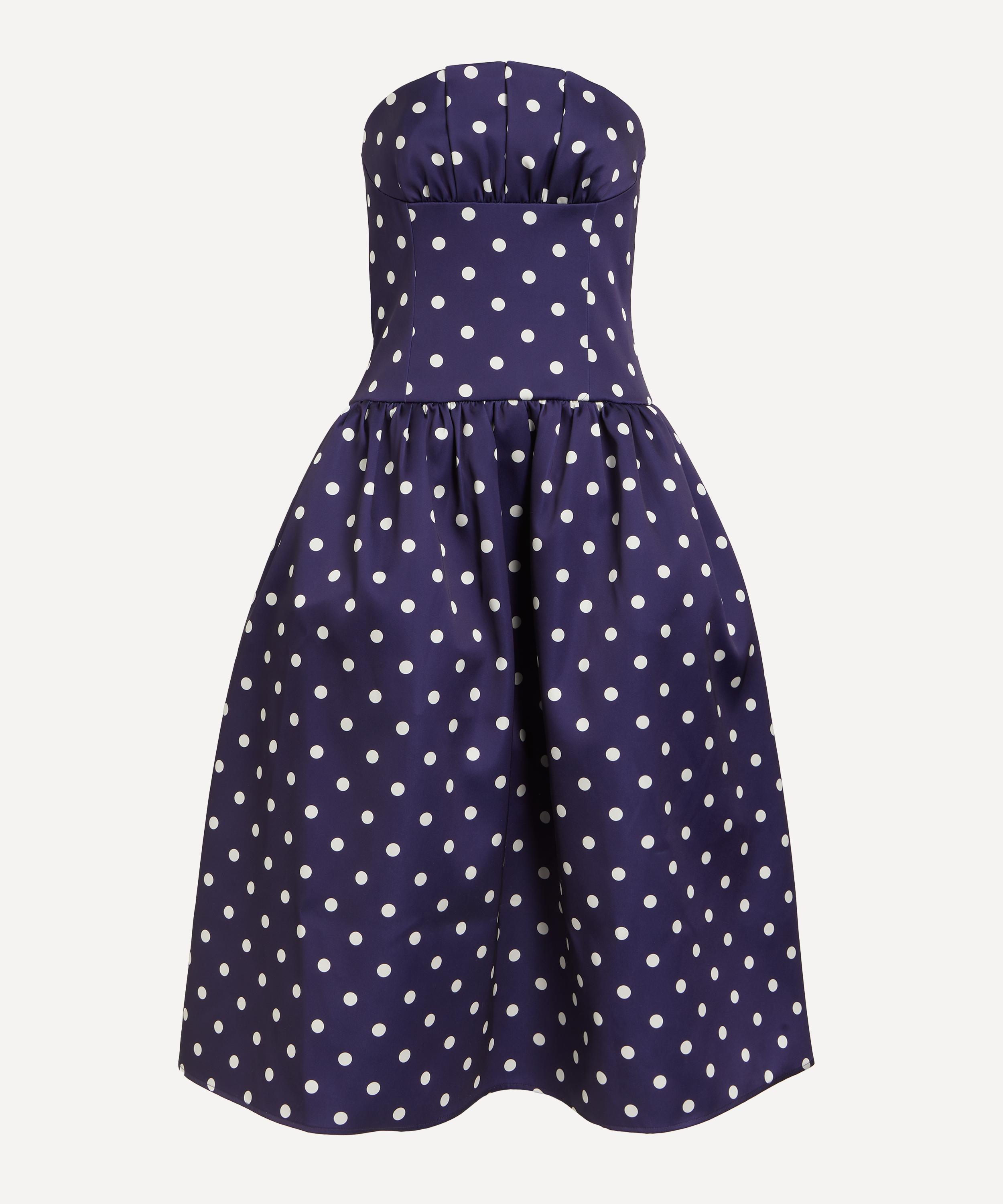 Self-Portrait - Navy Polka-Dot Satin Midi Dress