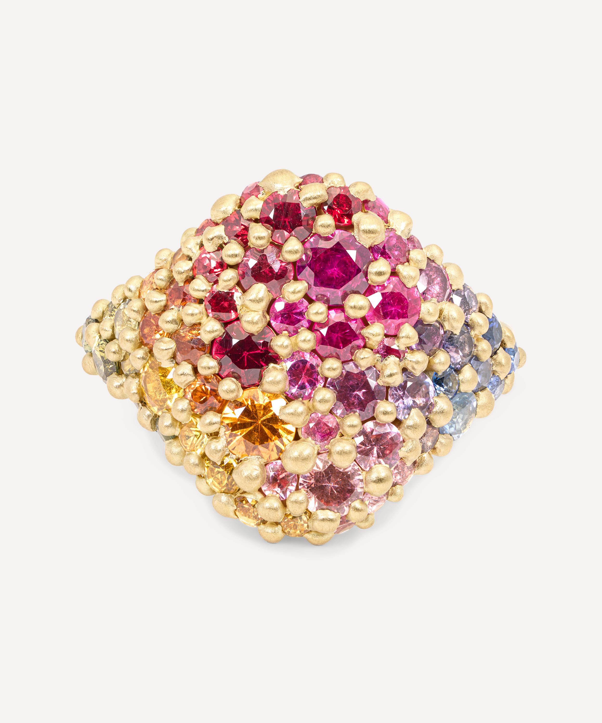 Polly Wales - 18ct Gold Hot Pink Rainbow Sapphire River Signet Ring