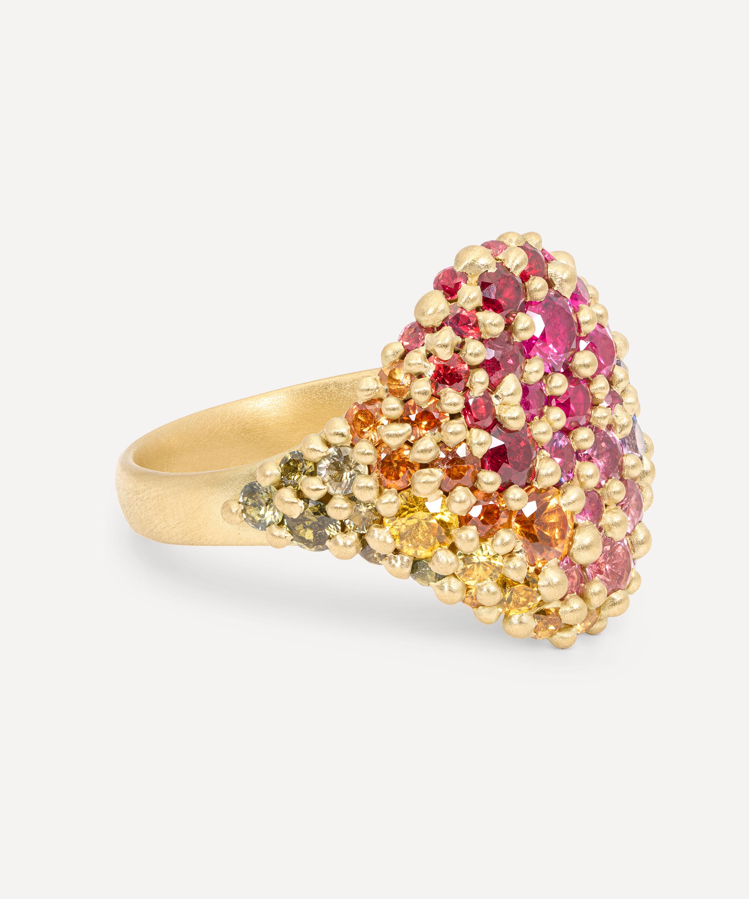 Polly Wales - 18ct Gold Hot Pink Rainbow Sapphire River Signet Ring image number 1