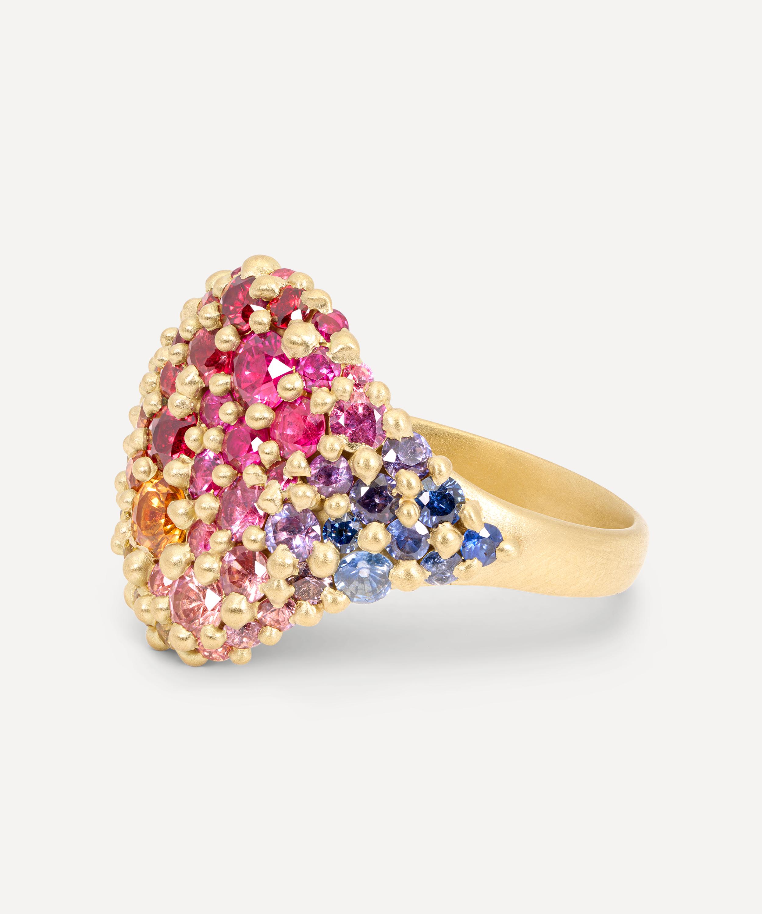 Polly Wales - 18ct Gold Hot Pink Rainbow Sapphire River Signet Ring image number 2