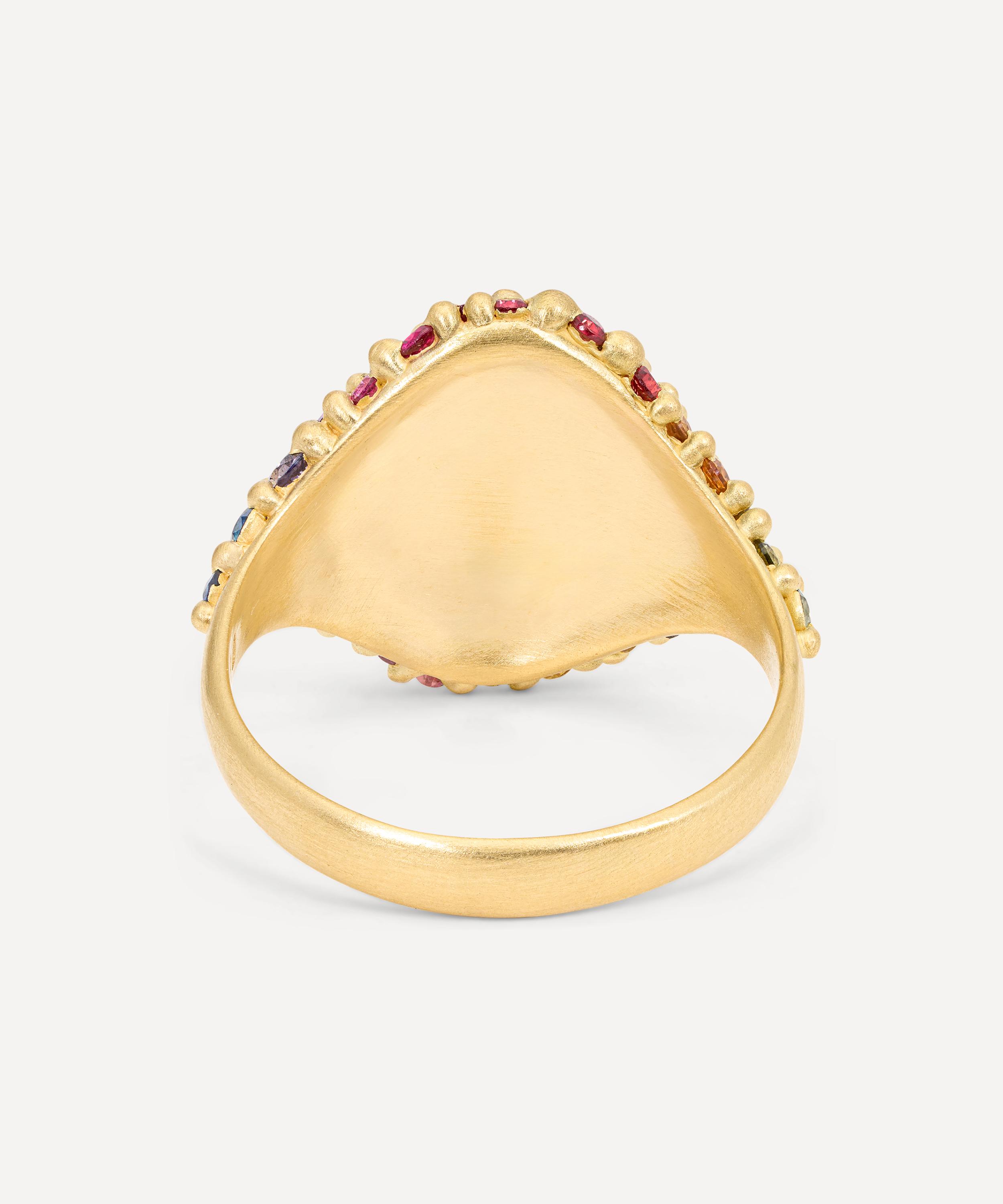 Polly Wales - 18ct Gold Hot Pink Rainbow Sapphire River Signet Ring image number 3